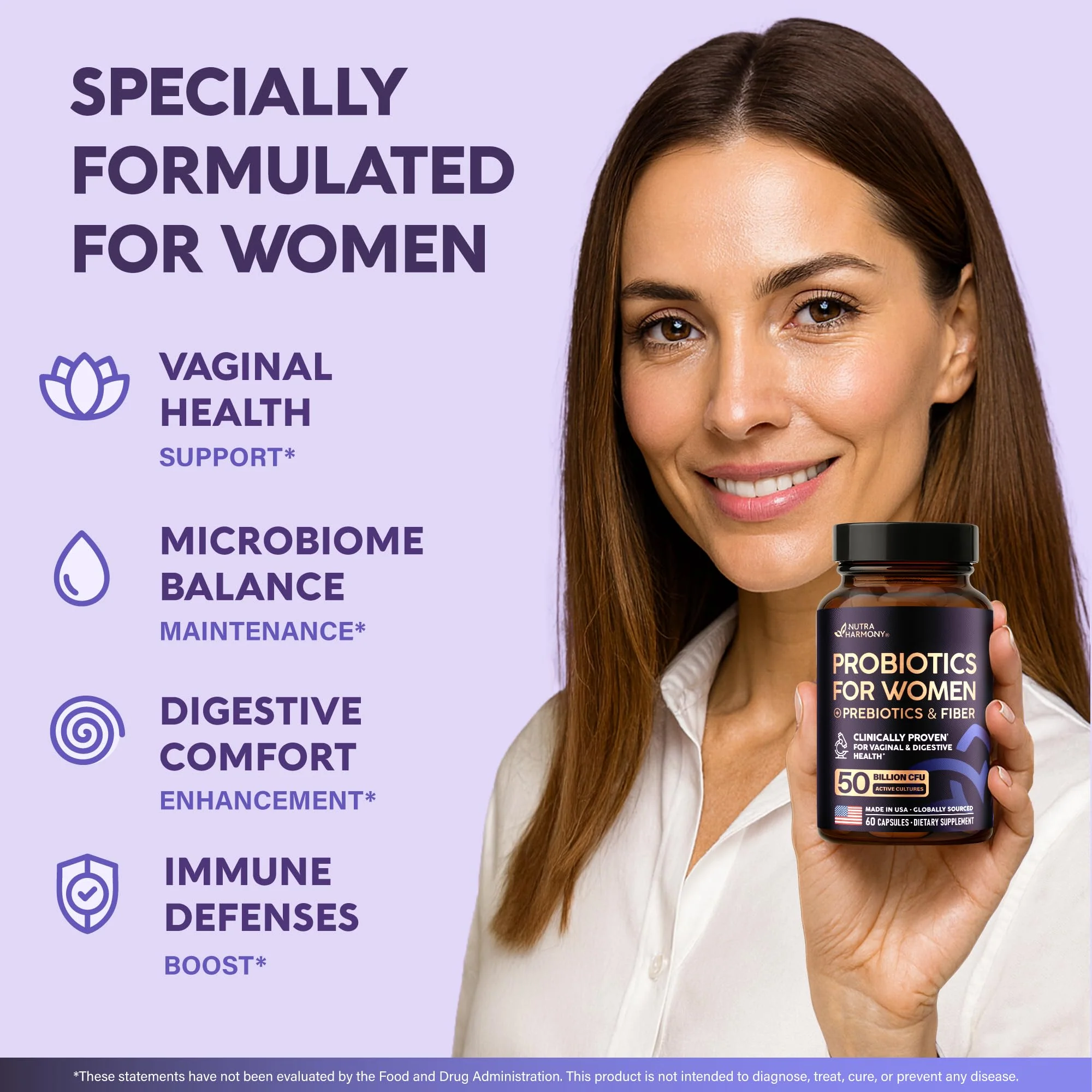 Probiotics for Women 50 Billion CFU - Vaginal Probiotics Clinically Proven for Yeast & pH Balance - Digestion & Bloating Relief - 8 Strains + Prebiotics - Delay Release - Made in USA, 60 Capsules - Image 9