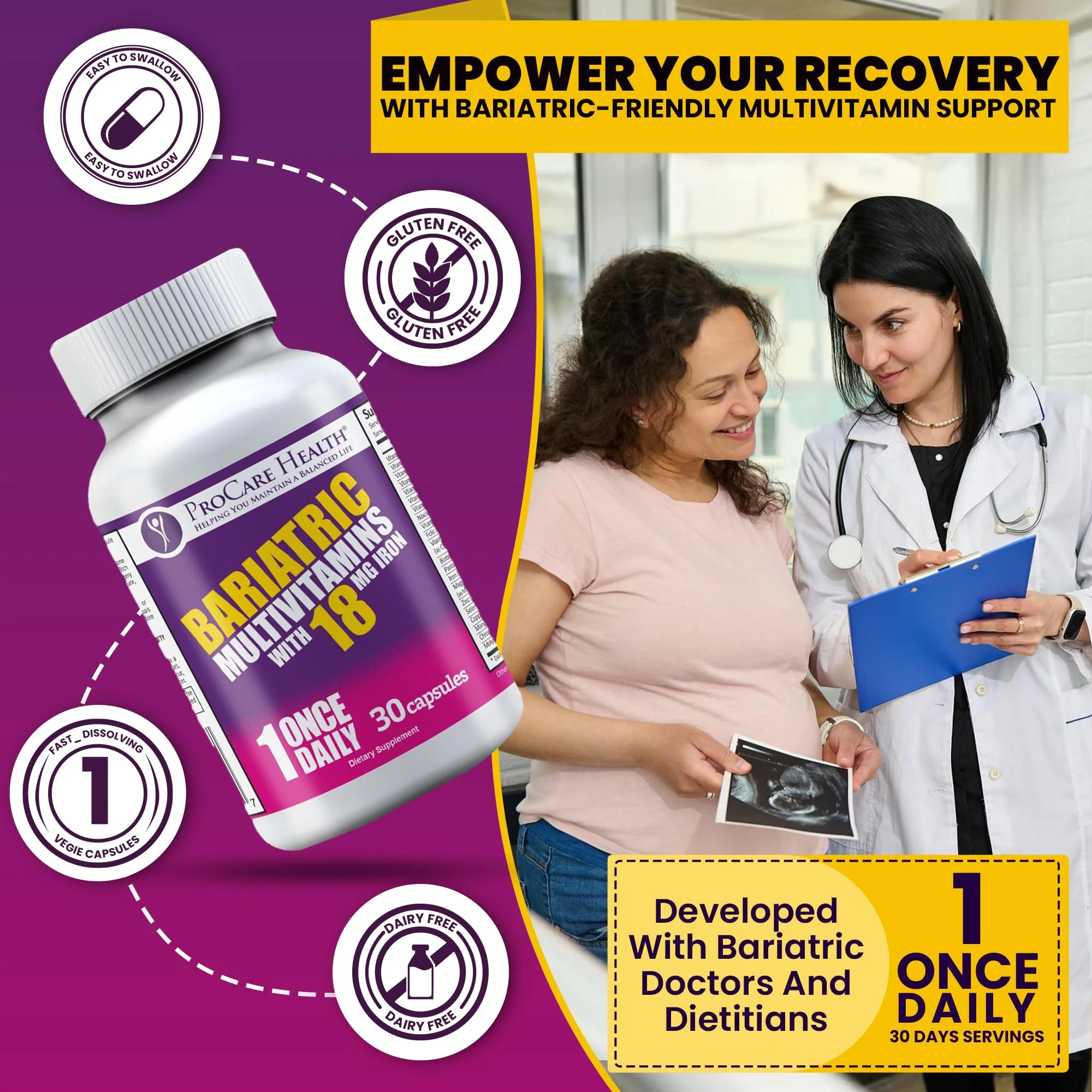 ProCare Health Bariatric Multivitamin with Iron 18mg (30 Easy to Swallow Capsules) - Post Op Bariatric Vitamins for Gastric Bypass Pills - Must Haves for Sleeve Patients (1 Month Supply) - Image 6