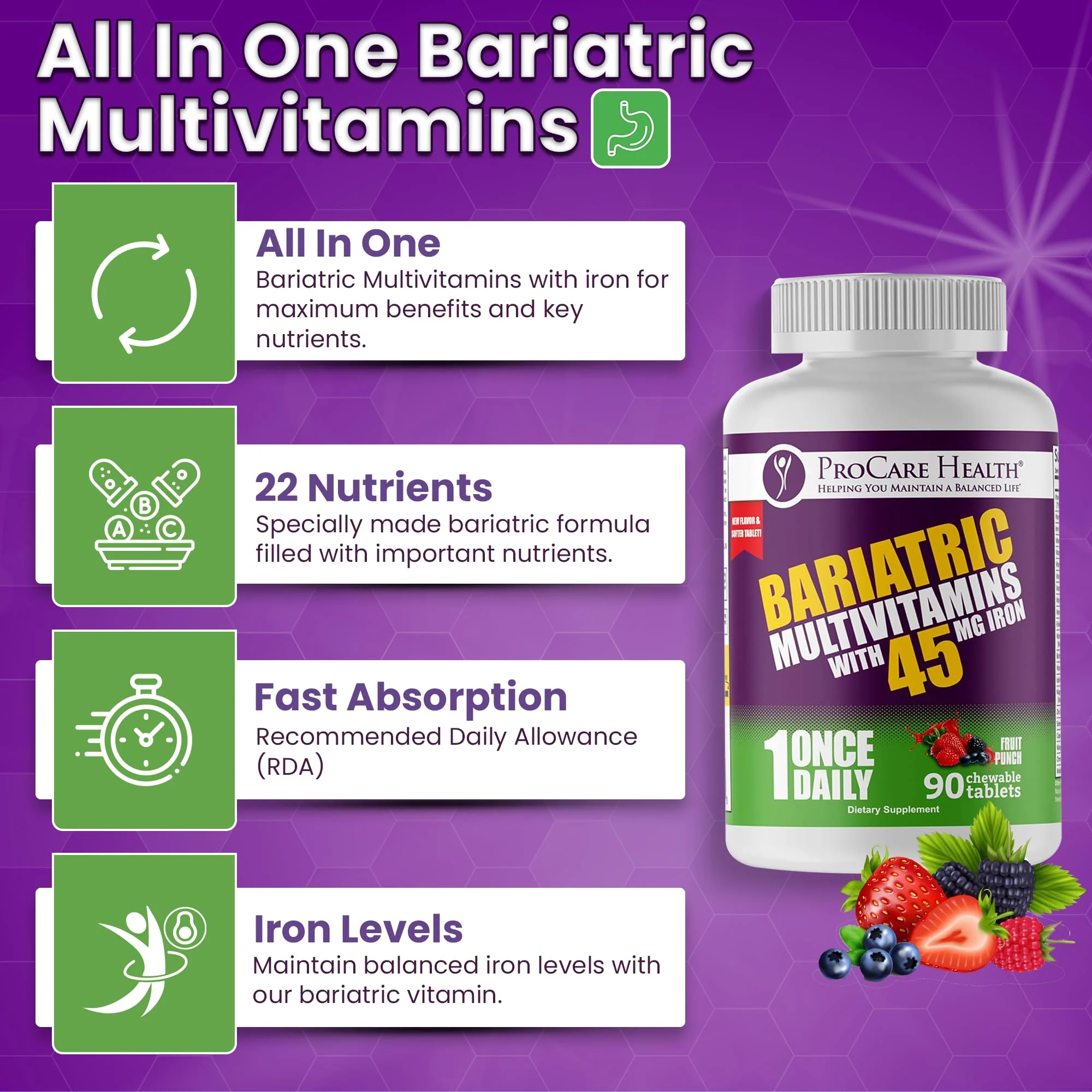 Procare Health Bariatric Multivitamin with Iron 45mg Chewable (90 Tablets) - Fruit Punch Flavor Bariatric Multivitamin Chewable Pills for Gastric Bypass & Sleeve Gastrectomy Patients (03 Month Supply) - Image 2