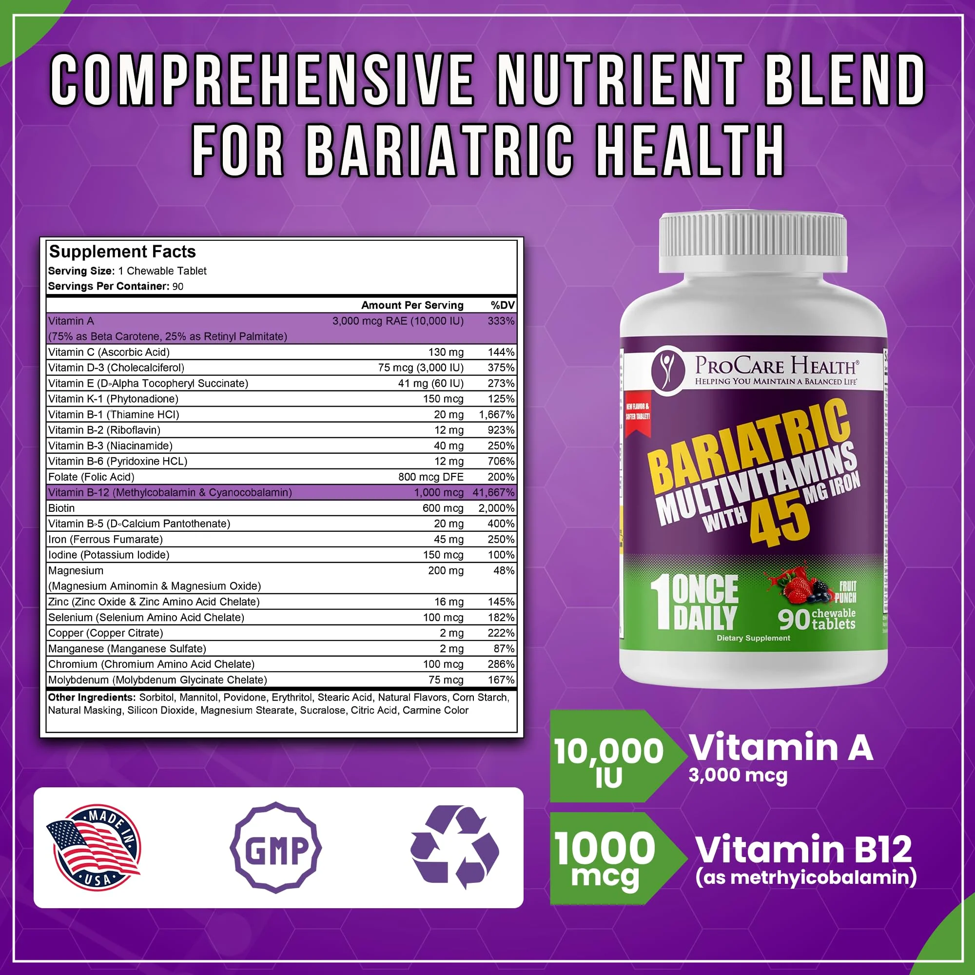 Procare Health Bariatric Multivitamin with Iron 45mg Chewable (90 Tablets) - Fruit Punch Flavor Bariatric Multivitamin Chewable Pills for Gastric Bypass & Sleeve Gastrectomy Patients (03 Month Supply) - Image 6