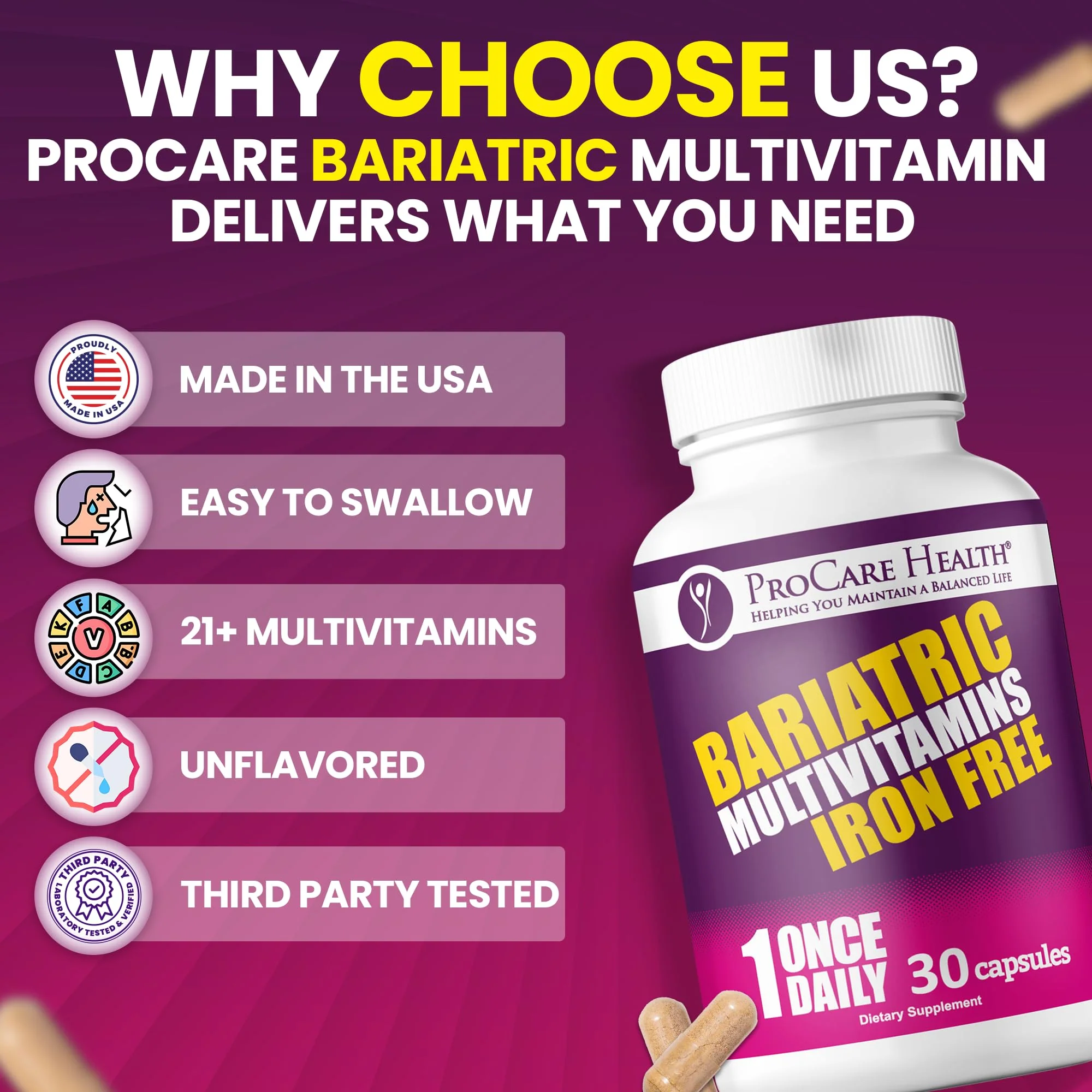 Procare Health Bariatric Multivitamin with Iron Free (30 Fast Dissolving Veggie Capsule) - Bariatric Vitamins for Gastric Sleeve & Gastric Bypass, Bariatric Multivitamin Without Iron (1 Month Supply)* - Image 5