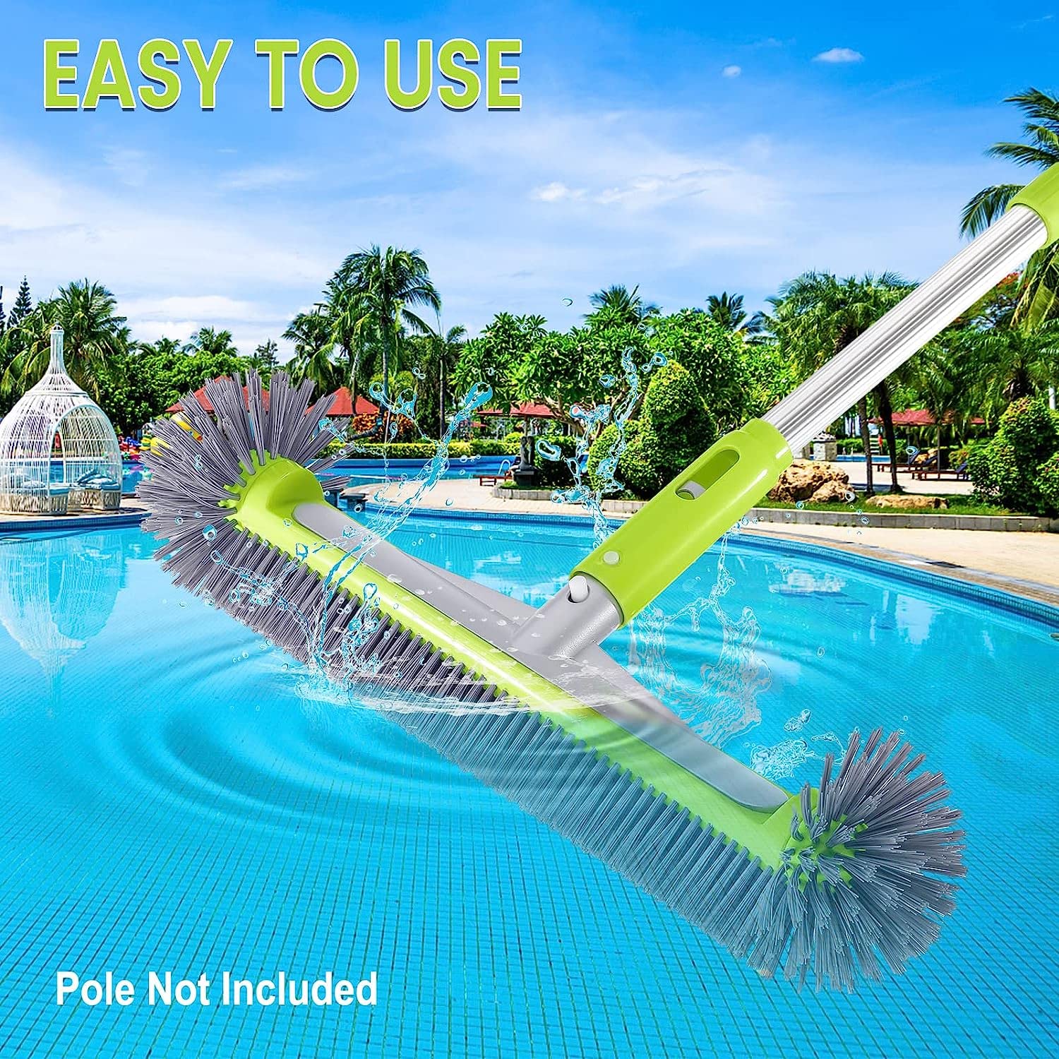 Professional Swimming Pool Brush Head with Round Ends,17.5" Heavy Duty Aluminum Back for Cleaning Pool Walls, 7 Rows Premium Nylon Bristles with EZ Clips (Green Grey) - Image 3