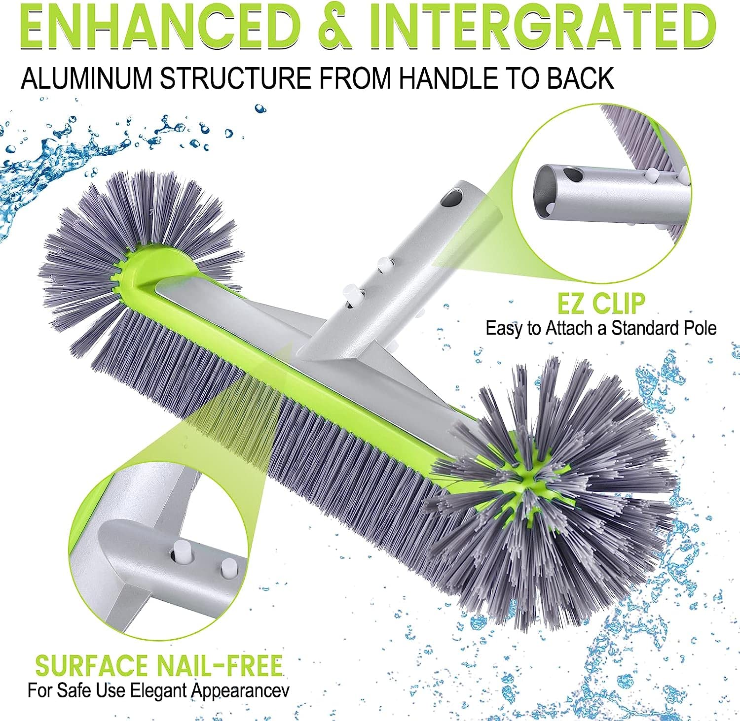 Professional Swimming Pool Brush Head with Round Ends,17.5" Heavy Duty Aluminum Back for Cleaning Pool Walls, 7 Rows Premium Nylon Bristles with EZ Clips (Green Grey) - Image 4