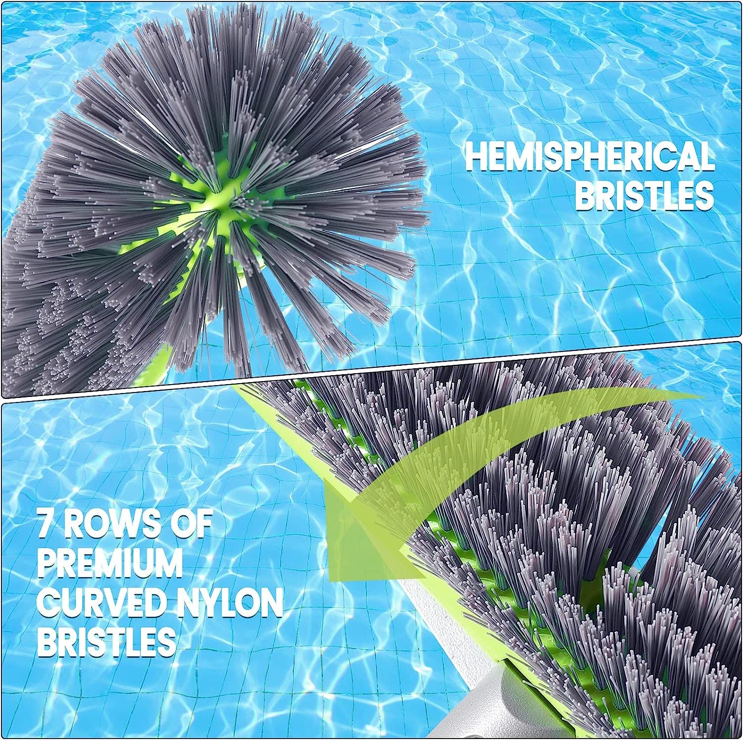 Professional Swimming Pool Brush Head with Round Ends,17.5" Heavy Duty Aluminum Back for Cleaning Pool Walls, 7 Rows Premium Nylon Bristles with EZ Clips (Green Grey) - Image 5