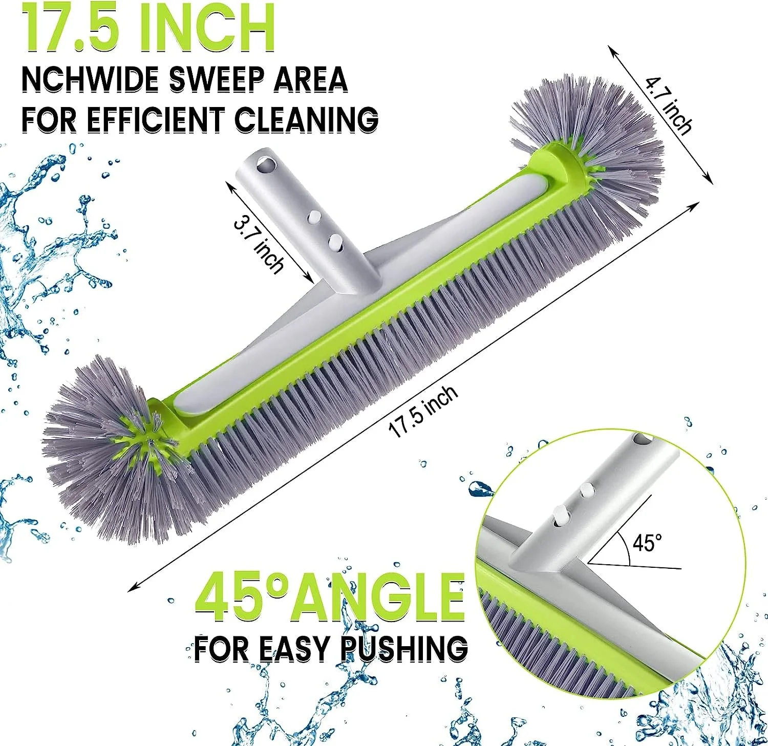 Professional Swimming Pool Brush Head with Round Ends,17.5" Heavy Duty Aluminum Back for Cleaning Pool Walls, 7 Rows Premium Nylon Bristles with EZ Clips (Green Grey) - Image 6
