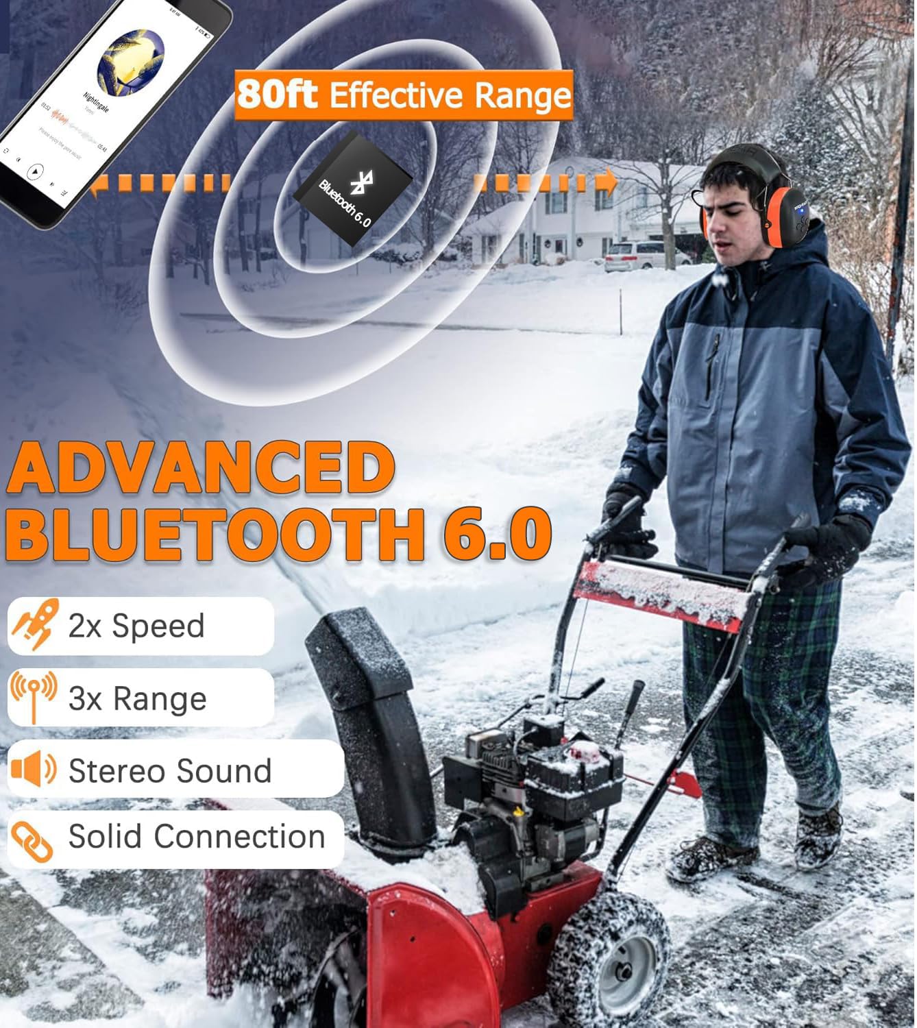 PROHEAR 037 2 Pack Bluetooth 6.0 Hearing Protection Headphones with Rechargeable, 30dB SNR Safety Noise Reduction Ear Muffs for Mowing Workshops Snowblowing, Black and Orange - Image 5