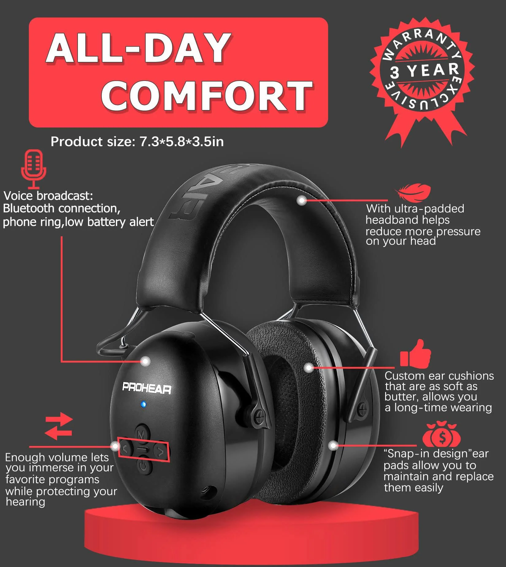 PROHEAR 037 2 Pack Bluetooth 6.0 Hearing Protection Headphones with Rechargeable, 30dB SNR Safety Noise Reduction Ear Muffs for Mowing Workshops Snowblowing, Black and Orange - Image 7