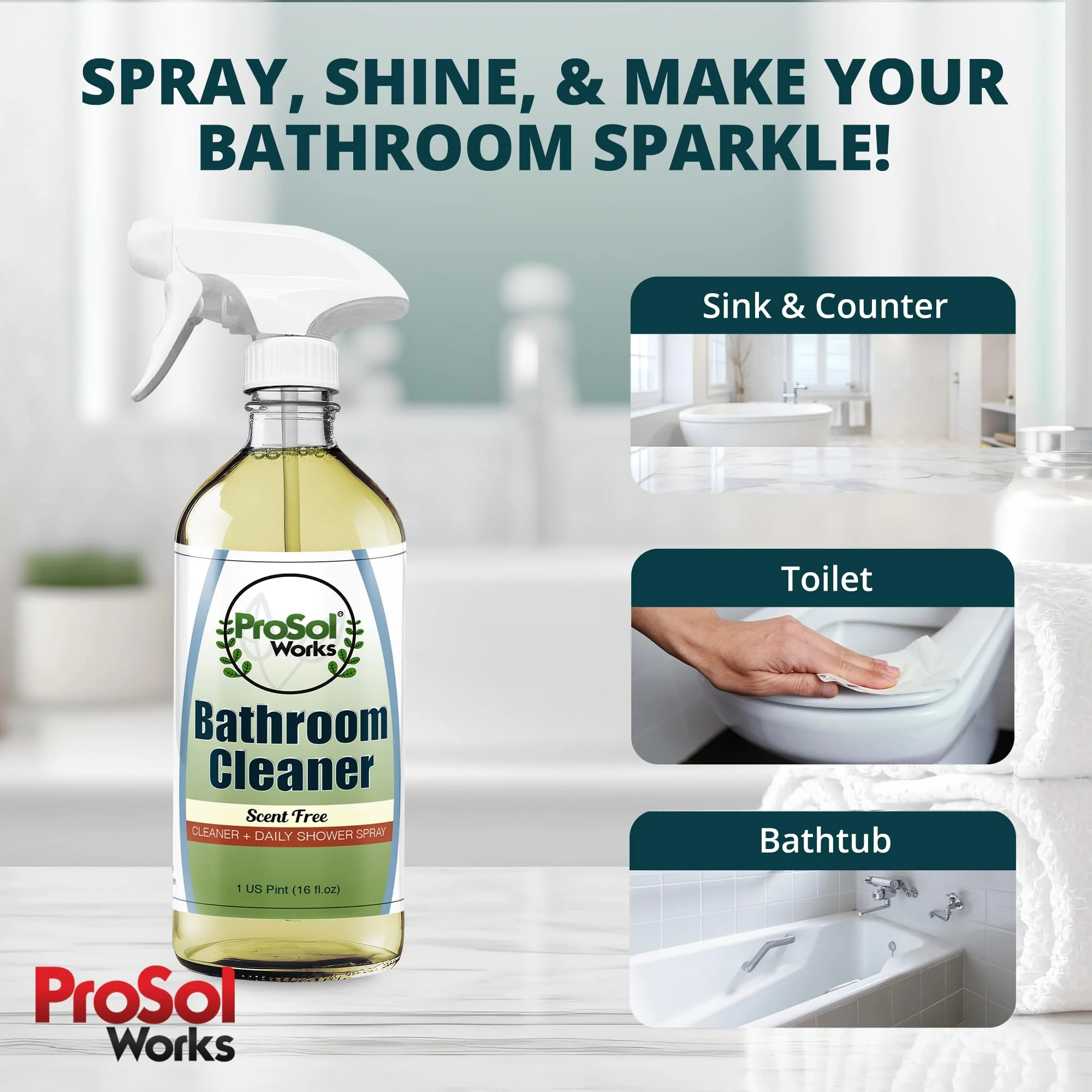 PROSOL WORKS Bathroom Cleaner 16 oz - Daily Cleaning Spray for Shower Curtain, Sink, Shower, Tile, Bathtub, & Toilet Bowl Cleaners Revealing Natural Shine & Refreshing Scent- Safe on All Surface - Image 9