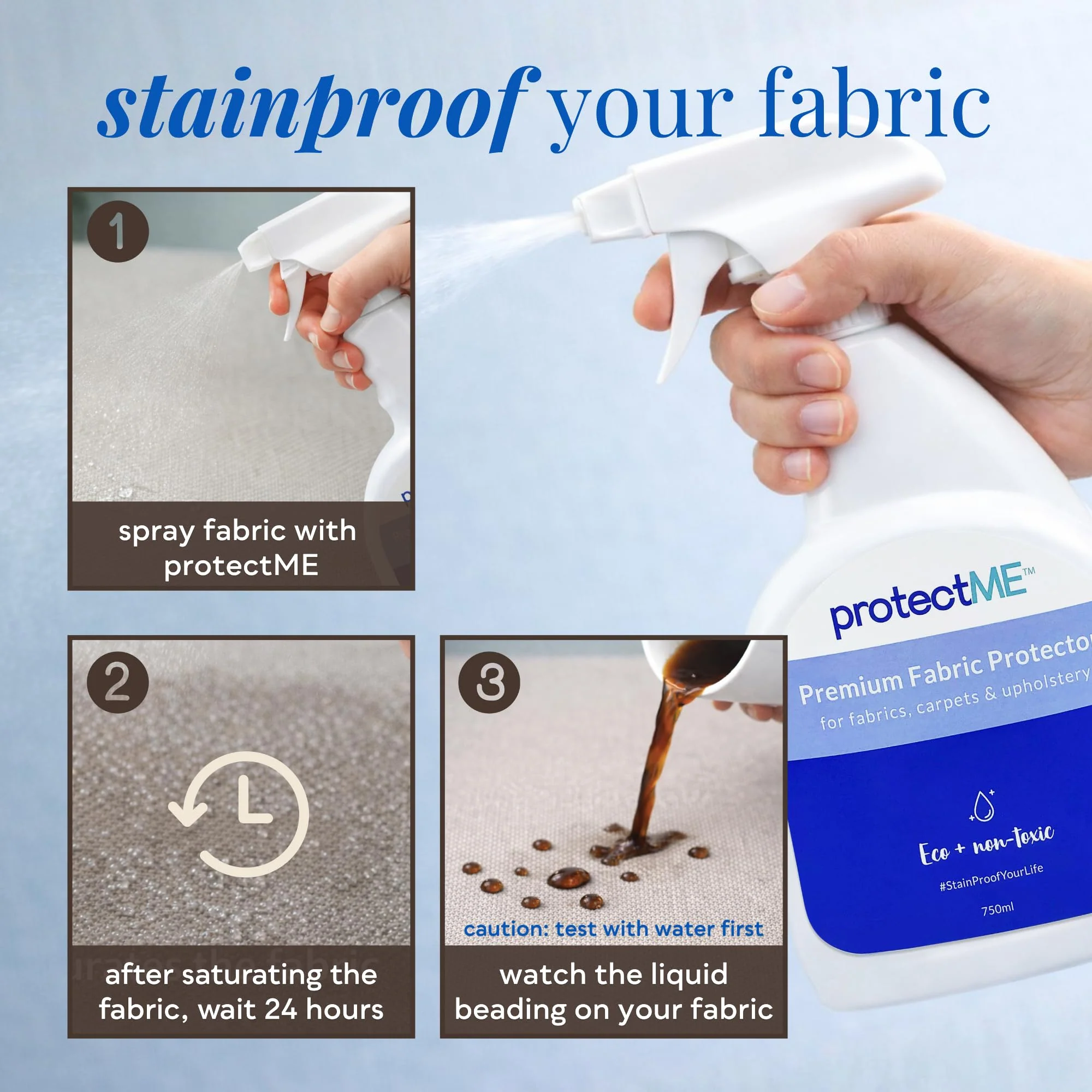 protectME Fabric Protector and Stain Resistant Spray - Upholstery Fabric Spray for Stain Guard for Carpet, Shoes, Couch, Sofa - Non Toxic Water Based Furniture Protector - 25.4 Fl. Oz. - Image 2