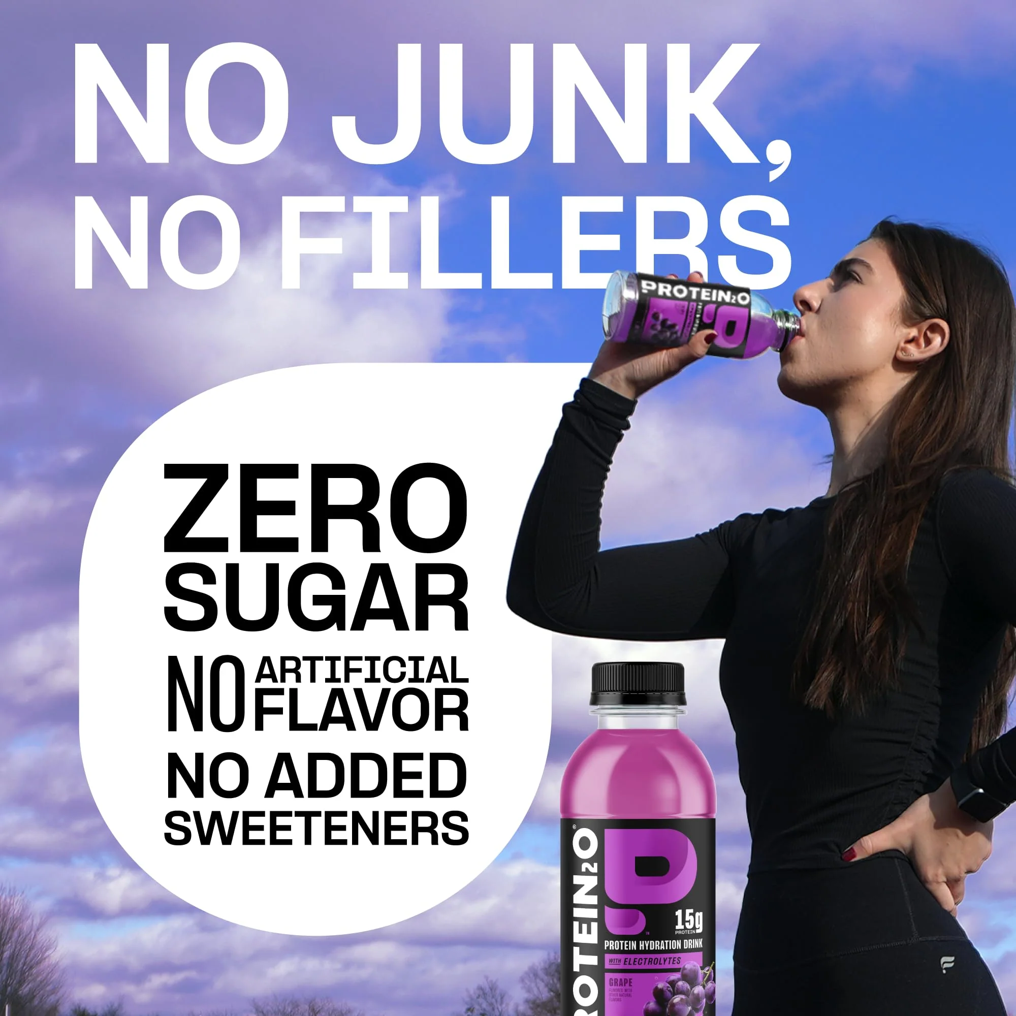 Protein2o 2-in-1 Clear Whey Protein & Electrolyte Beverage, 15g Protein, Gluten-Free, 16.9 fl oz Bottles (12 Count), Grape - Image 3