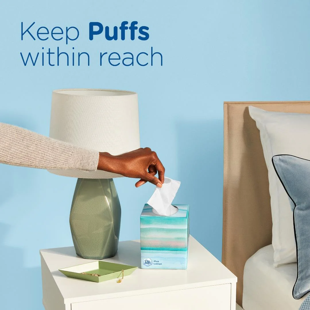 Puffs Plus Lotion Facial Tissues, 10 Cubes, 56 Tissues per Box, Allergies and Colds - Image 10