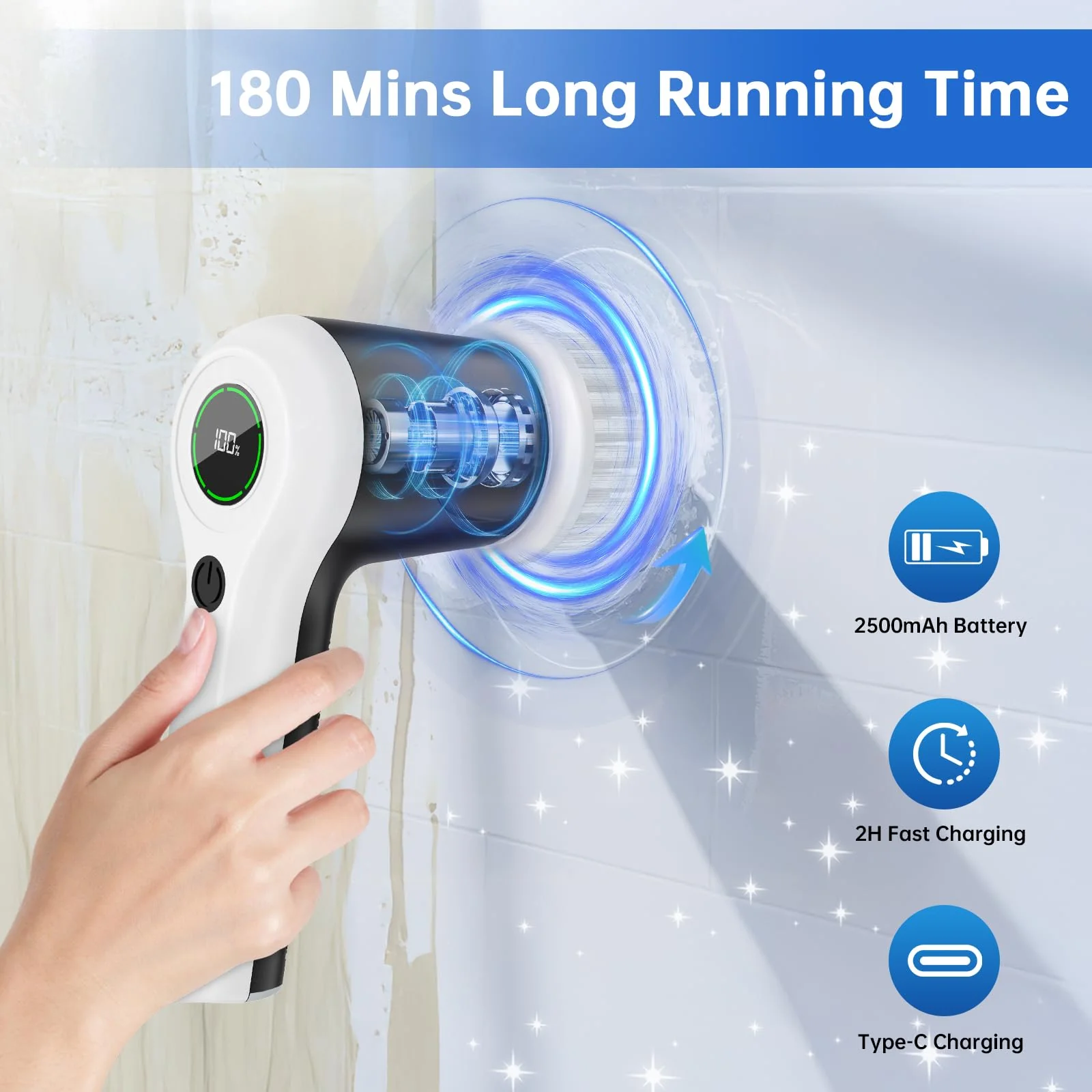 PUFTEM Electric Spin Scrubber, Cordless Shower Scrubber with Battery Level Display, 2 Speeds Electric Scrubber for Cleaning with 6 Replaceable Heads, Cleaning Brush for Bathroom/Sink/Window - Image 6