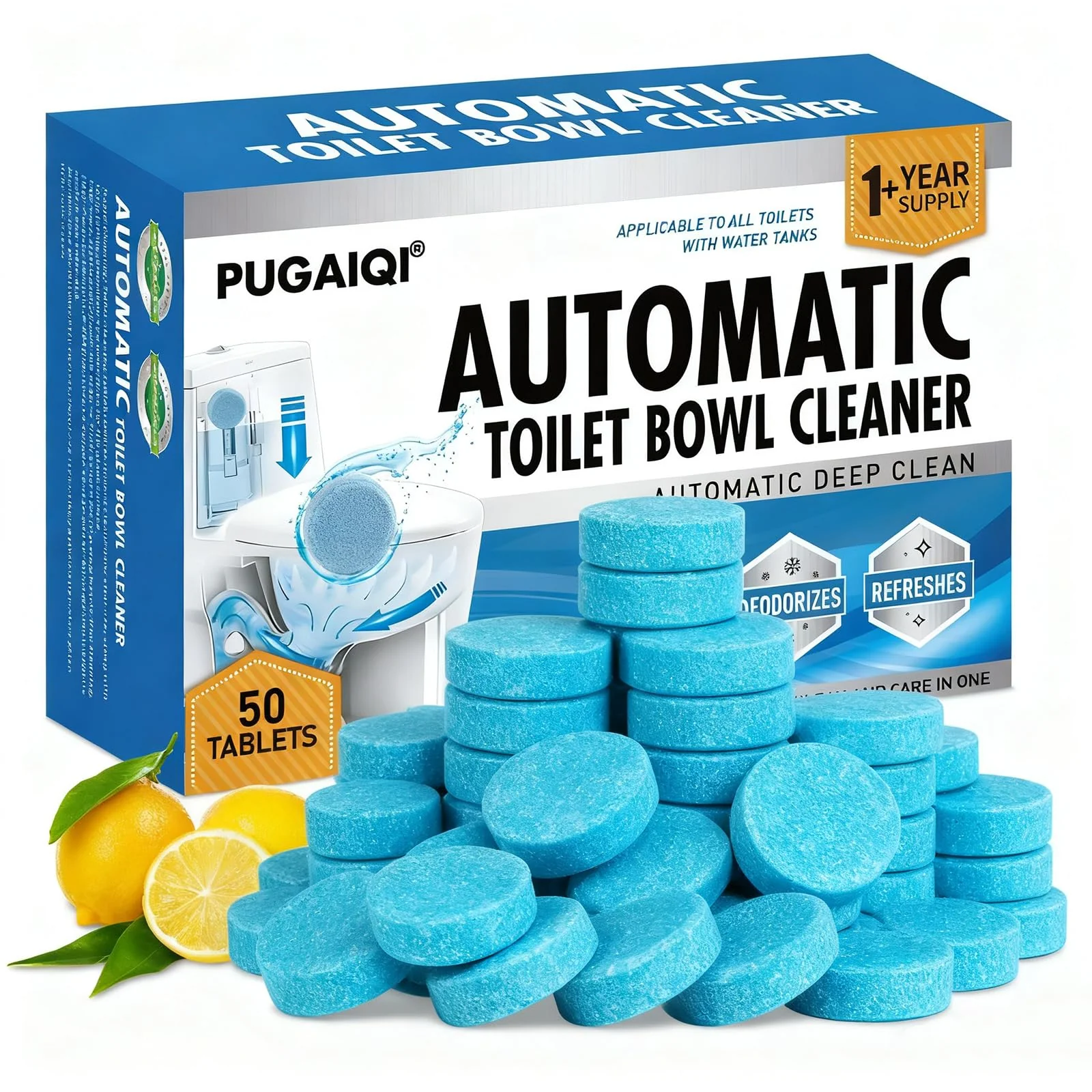 PUGAIQI Toilet Bowl Cleaner Tablets Blue Toilet Tank Cleaners, Septic-Safe Hard Water Stain Remove, Effervescent Stain & Odor Remover Bathroom, Automatic Toilet Cleaning & Deodorizer 50 TabsTTDS