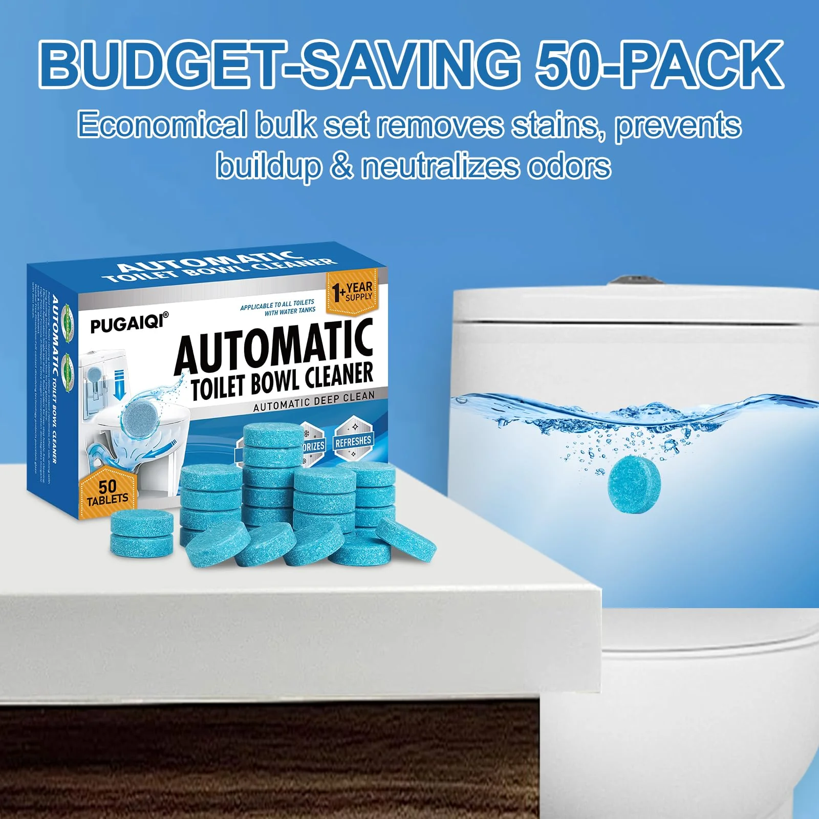 PUGAIQI Toilet Bowl Cleaner Tablets Blue Toilet Tank Cleaners, Septic-Safe Hard Water Stain Remove, Effervescent Stain & Odor Remover Bathroom, Automatic Toilet Cleaning & Deodorizer 50 TabsTTDS - Image 2