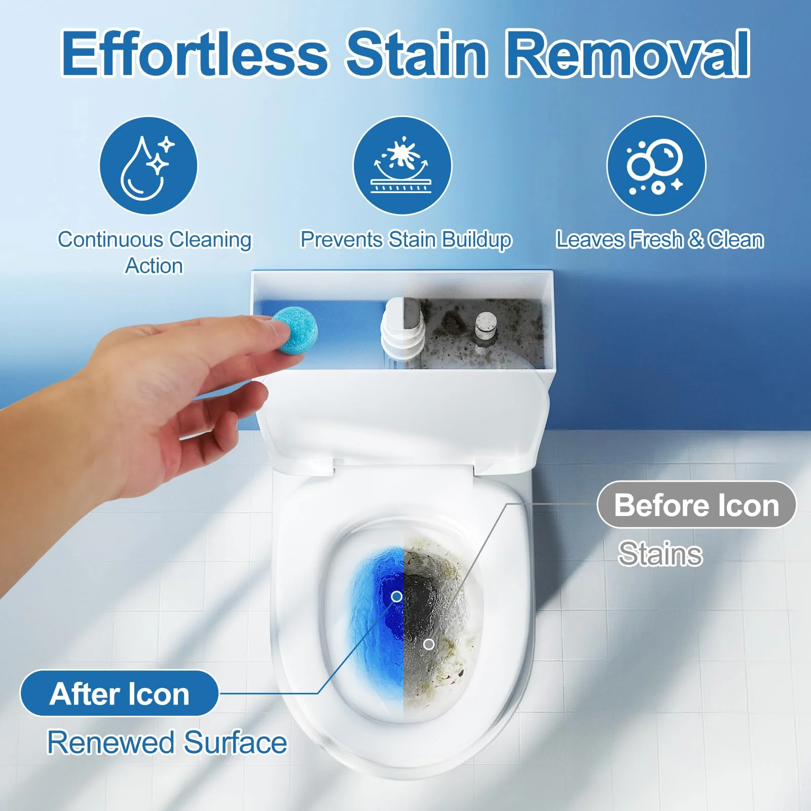 PUGAIQI Toilet Bowl Cleaner Tablets Blue Toilet Tank Cleaners, Septic-Safe Hard Water Stain Remove, Effervescent Stain & Odor Remover Bathroom, Automatic Toilet Cleaning & Deodorizer 50 TabsTTDS - Image 6