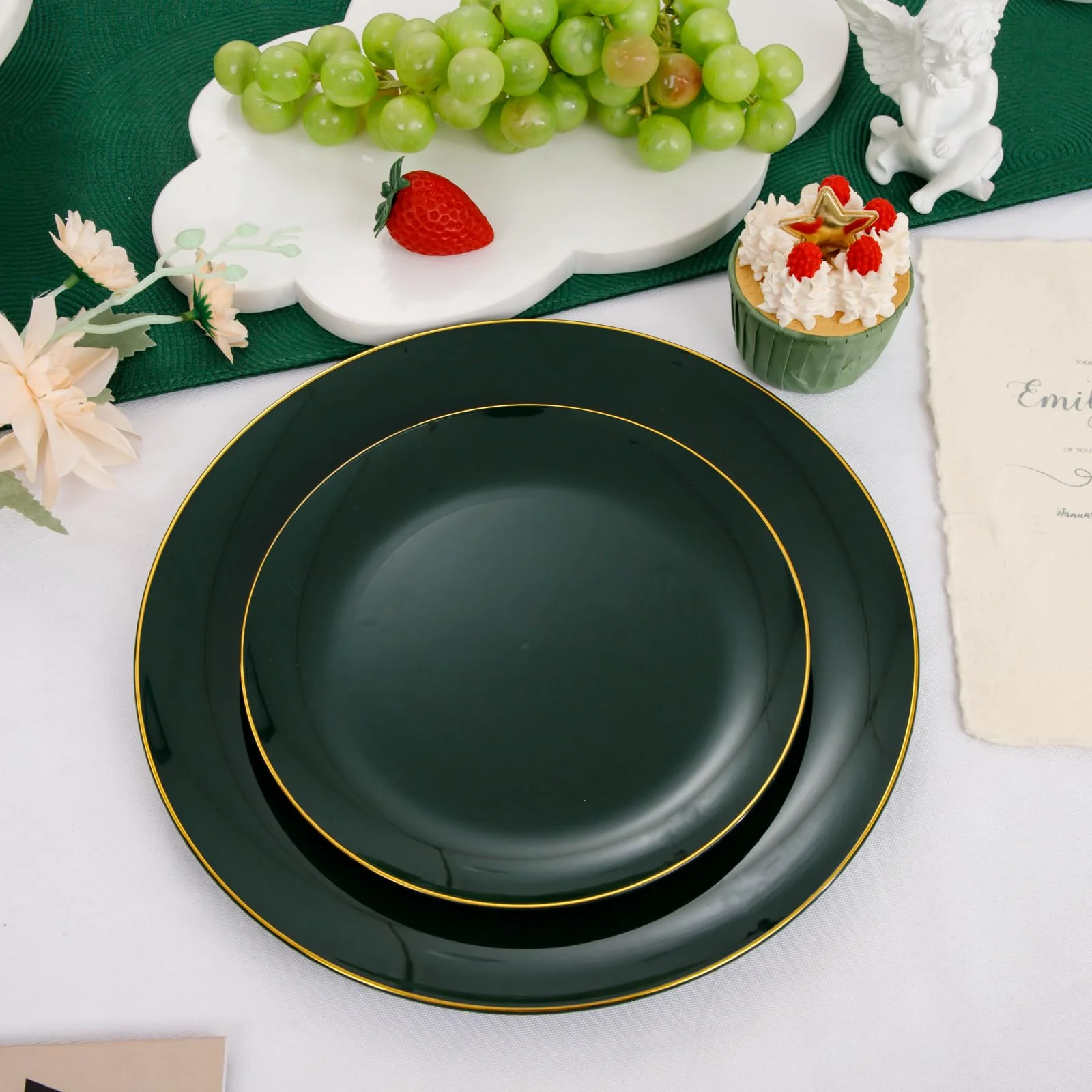 PULOTE 100PCS Green Plastic Plates - Green Disposable Plates With Gold Rim - Include 50 Pieces Dinner 10.25inch,50 Pieces Dessert 7.5inch for Party&Christmas - Image 3
