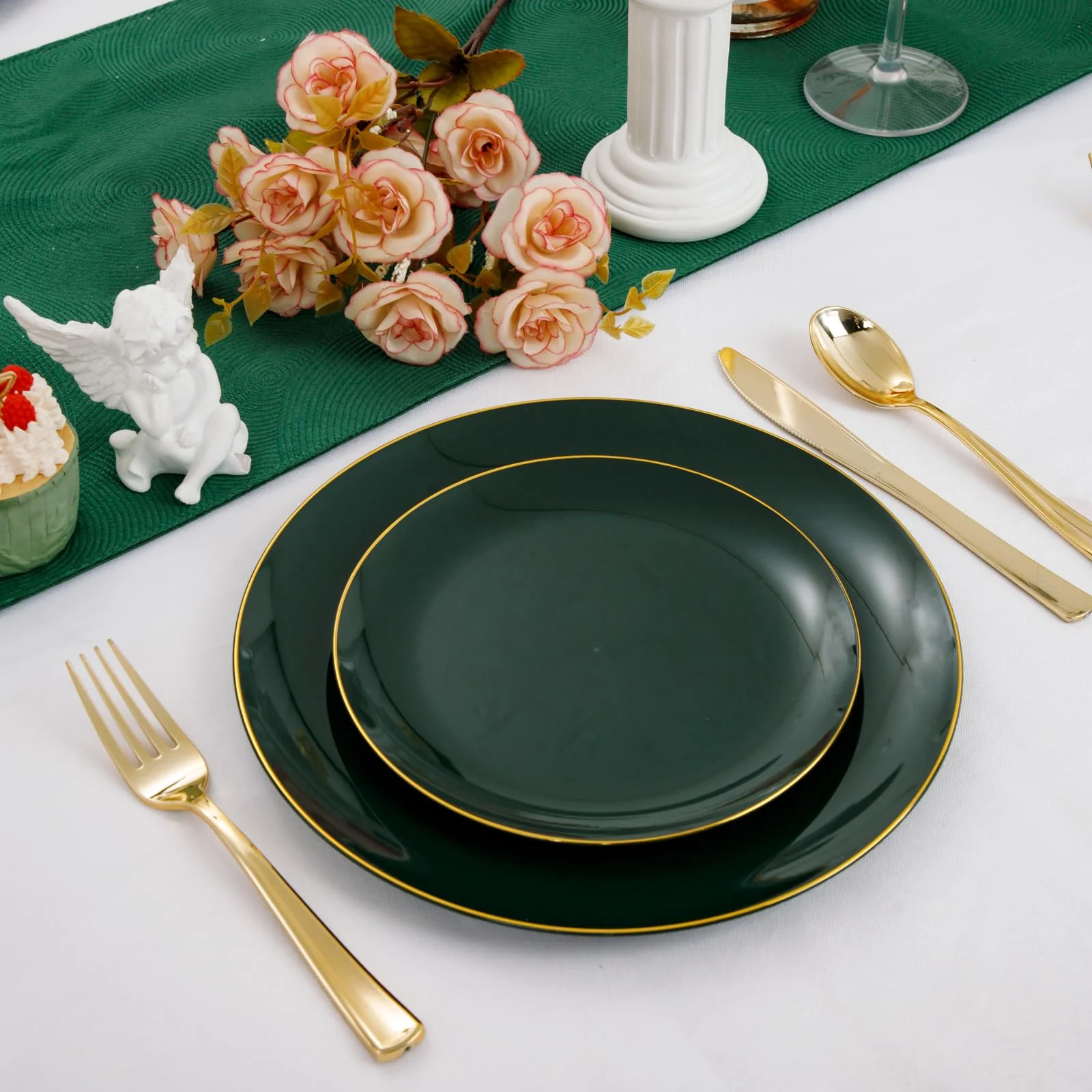 PULOTE 100PCS Green Plastic Plates - Green Disposable Plates With Gold Rim - Include 50 Pieces Dinner 10.25inch,50 Pieces Dessert 7.5inch for Party&Christmas - Image 5