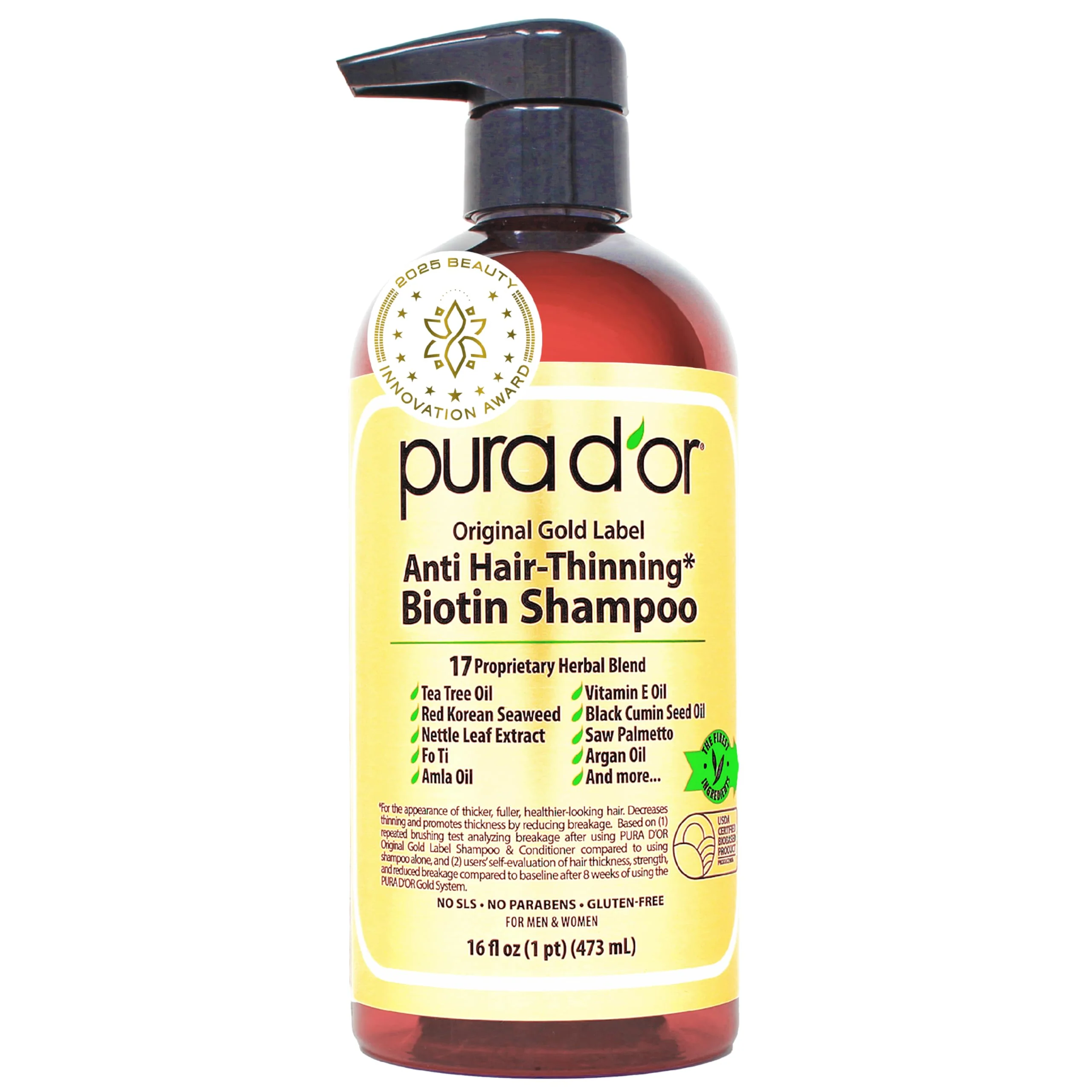 PURA D'OR Original Gold Label Anti-Thinning Shampoo – CLINICALLY TESTED Botanical Formula – Biotin & Argan Oil – Sulfate-Free Strengthening & Volumizing for Fuller-Looking Hair, Men & Women, 16 fl oz - Image 2