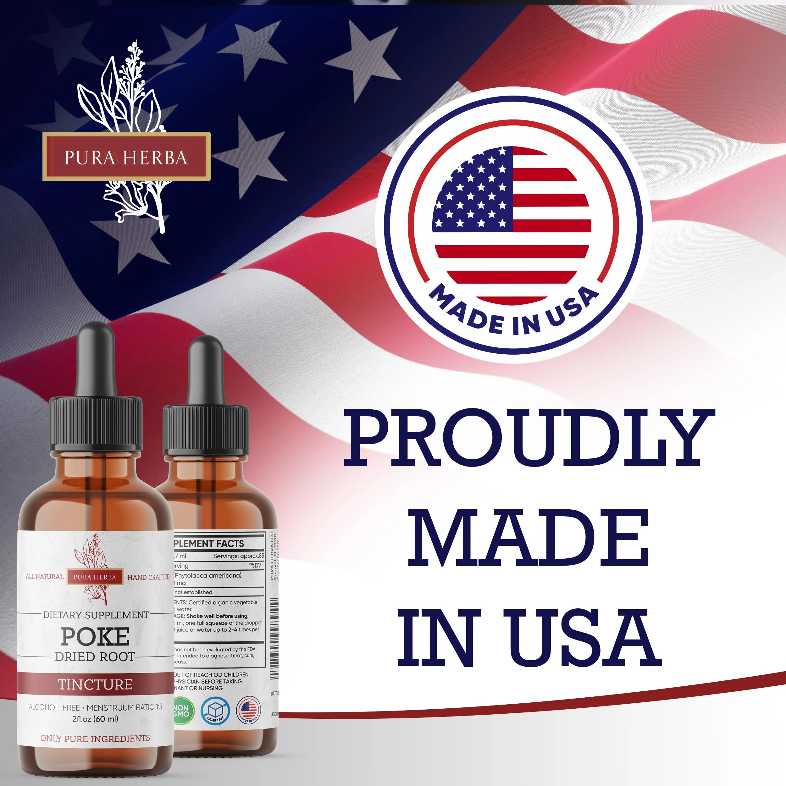 Pura Herba Organic Poke Root Tincture | Poke Root Extract Liquid | Herbal Supplement for Immune Support & Lymphatic Health | Vegan | Alcohol-Free | Non-GMO | Made in USA | 2 Fl Oz