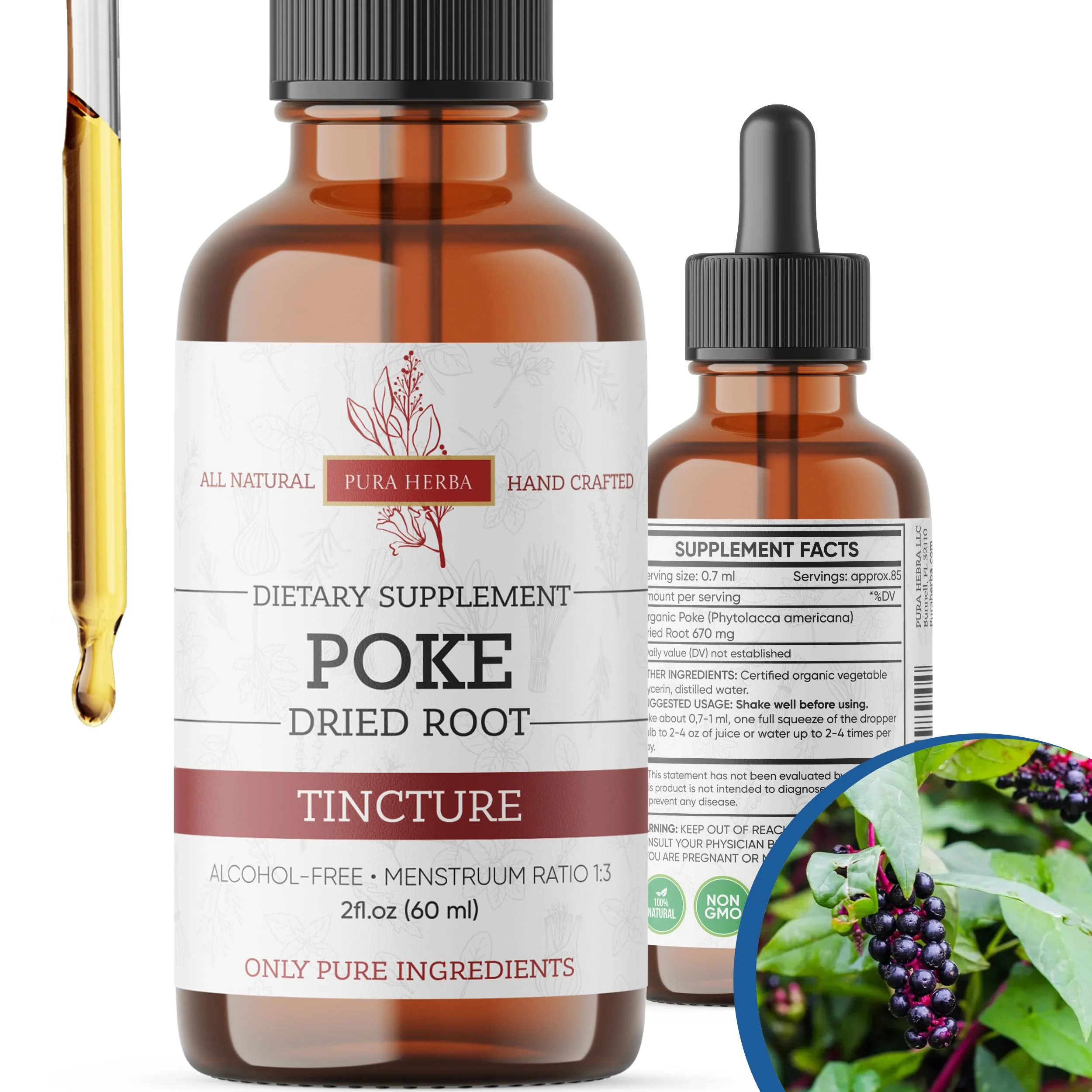 Pura Herba Organic Poke Root Tincture | Poke Root Extract Liquid | Herbal Supplement for Immune Support & Lymphatic Health | Vegan | Alcohol-Free | Non-GMO | Made in USA | 2 Fl Oz - Image 2