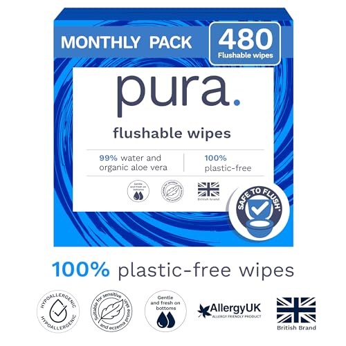 Pura XL Flushable Adult Wipes Unscented, Extra Large Family Wet Wipes with Aloe Vera & 99% Water, Sensitive Skin, 12 Pack of 40 (480 Wipes), Personal Hygiene Toilet - Image 10