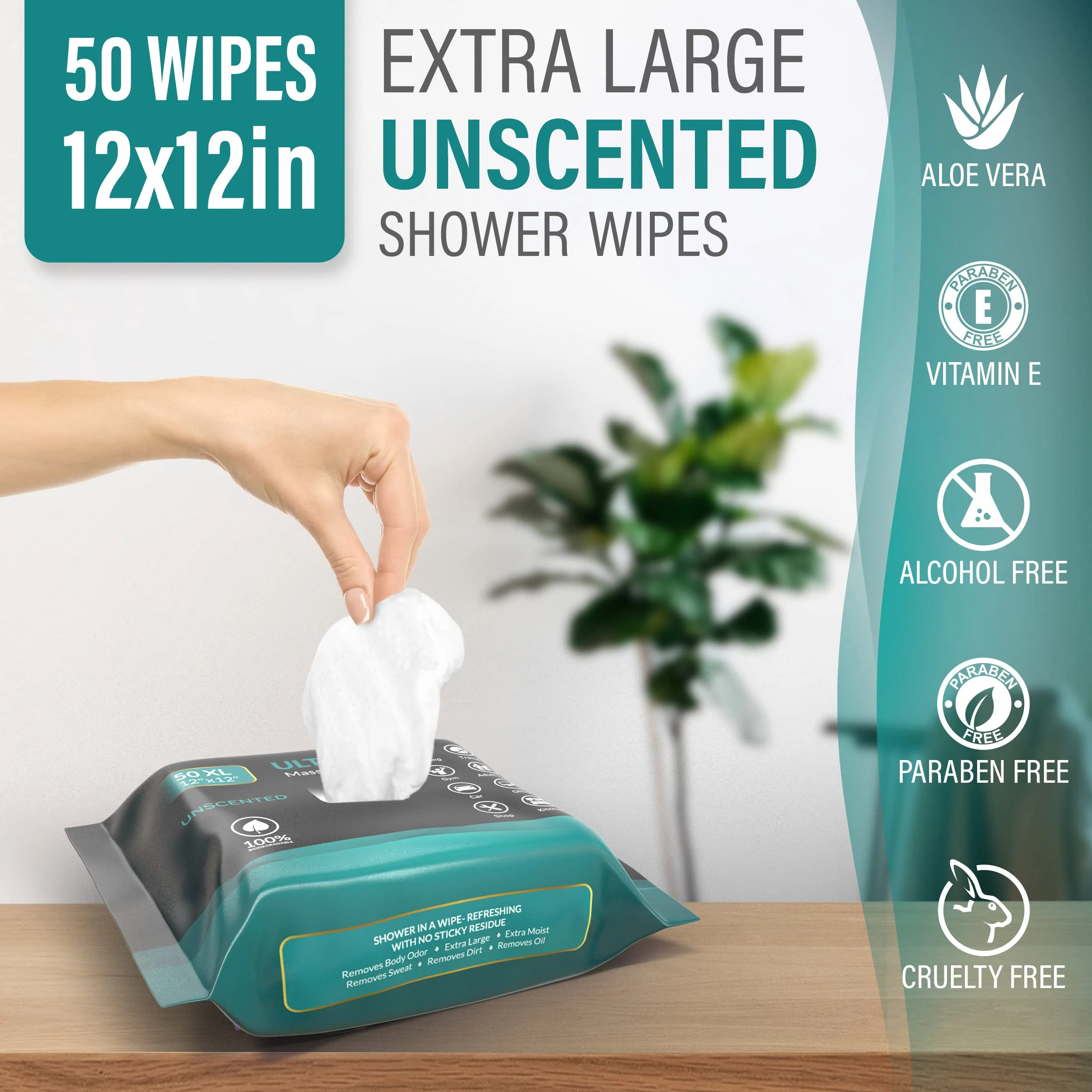 Pure Active XXL Adult Wipes for Elderly, No Rinse Hygiene Wipes for Shower, Travel, and Camping, 12x12 Unscented 50 Pack - Image 3