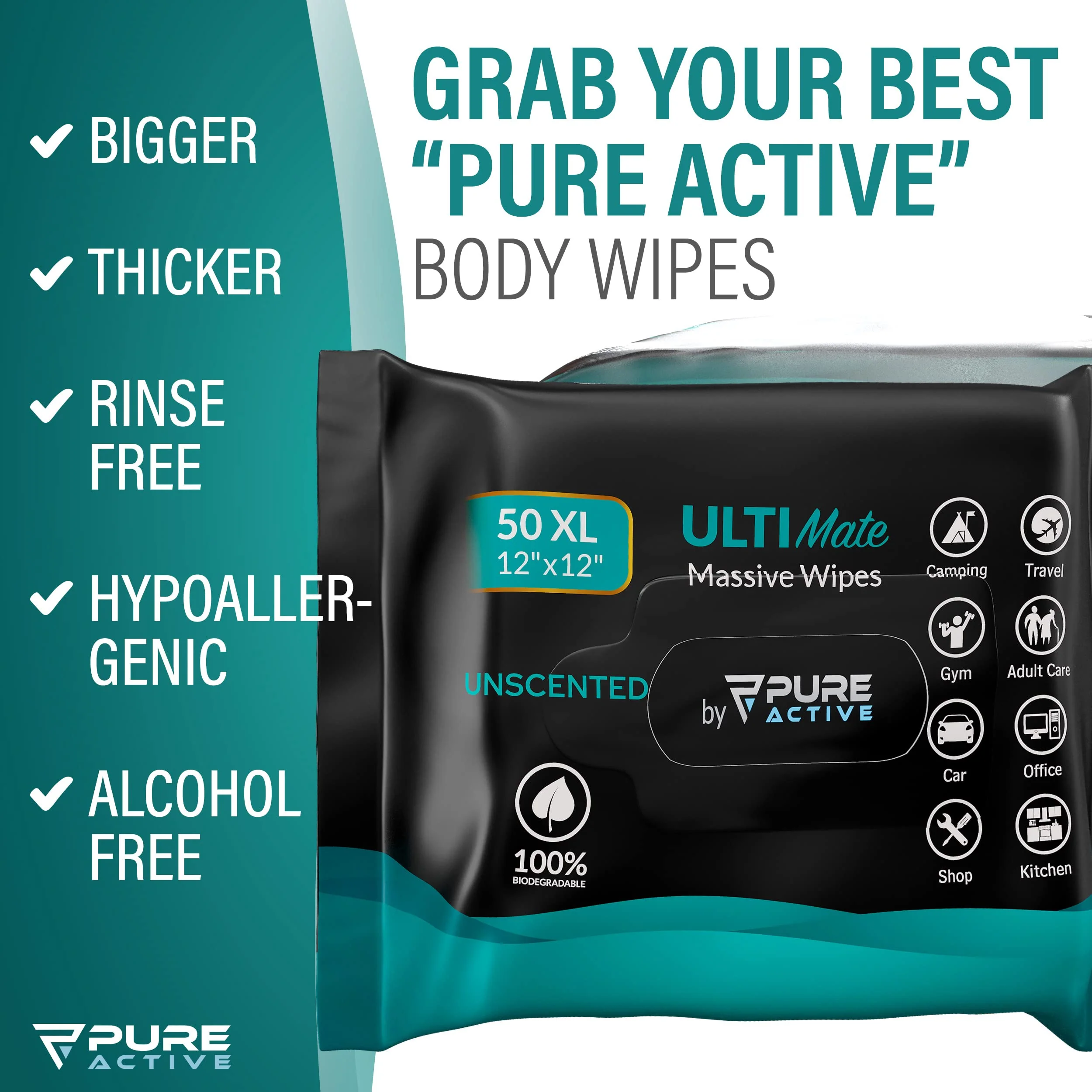 Pure Active XXL Adult Wipes for Elderly, No Rinse Hygiene Wipes for Shower, Travel, and Camping, 12x12 Unscented 50 Pack - Image 7