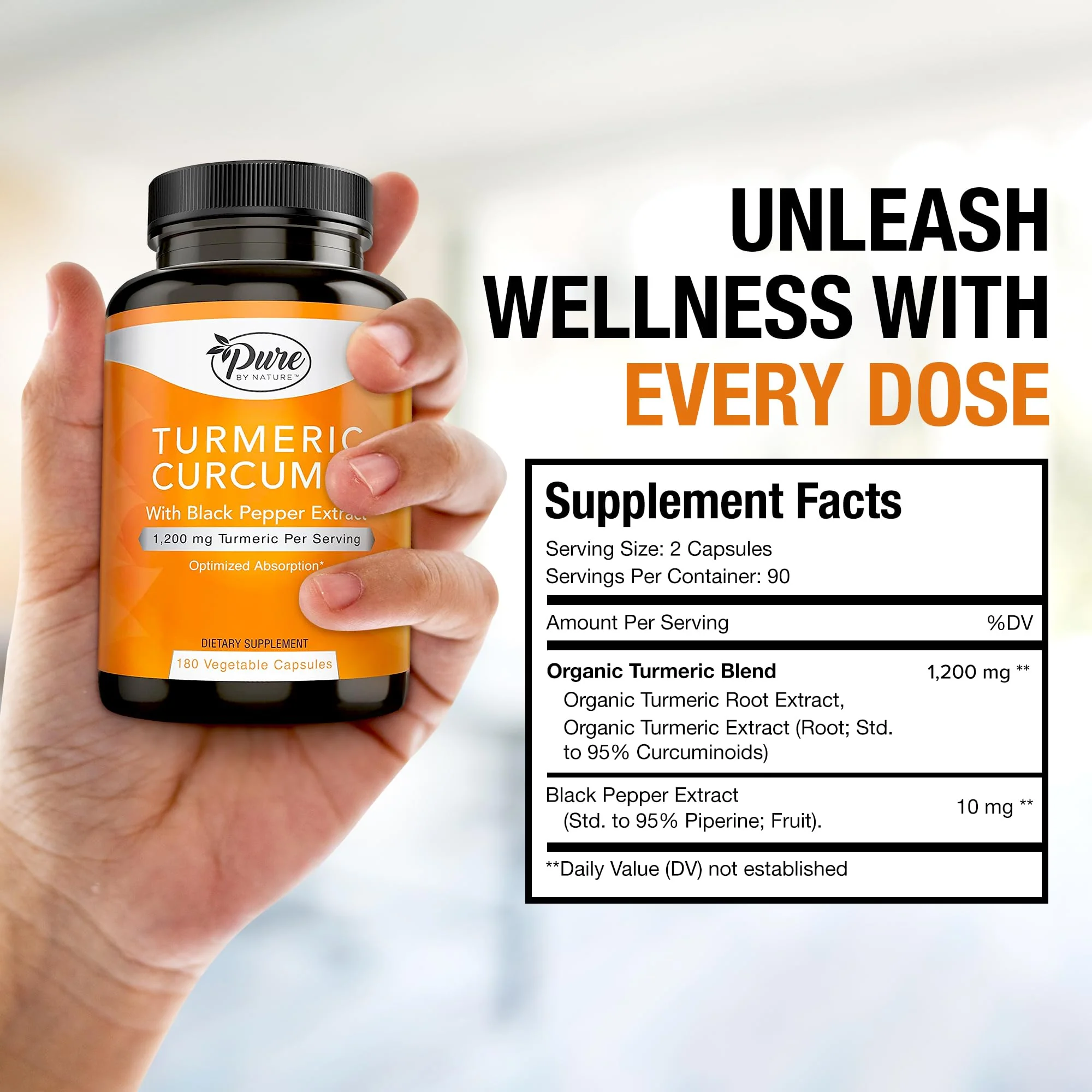 Pure By Nature Turmeric Curcumin with Black Pepper Extract 10 mg Capsules, 1200 mg per Serving, Organic, High Absorption Antioxidant Support (180 Count) - Image 3