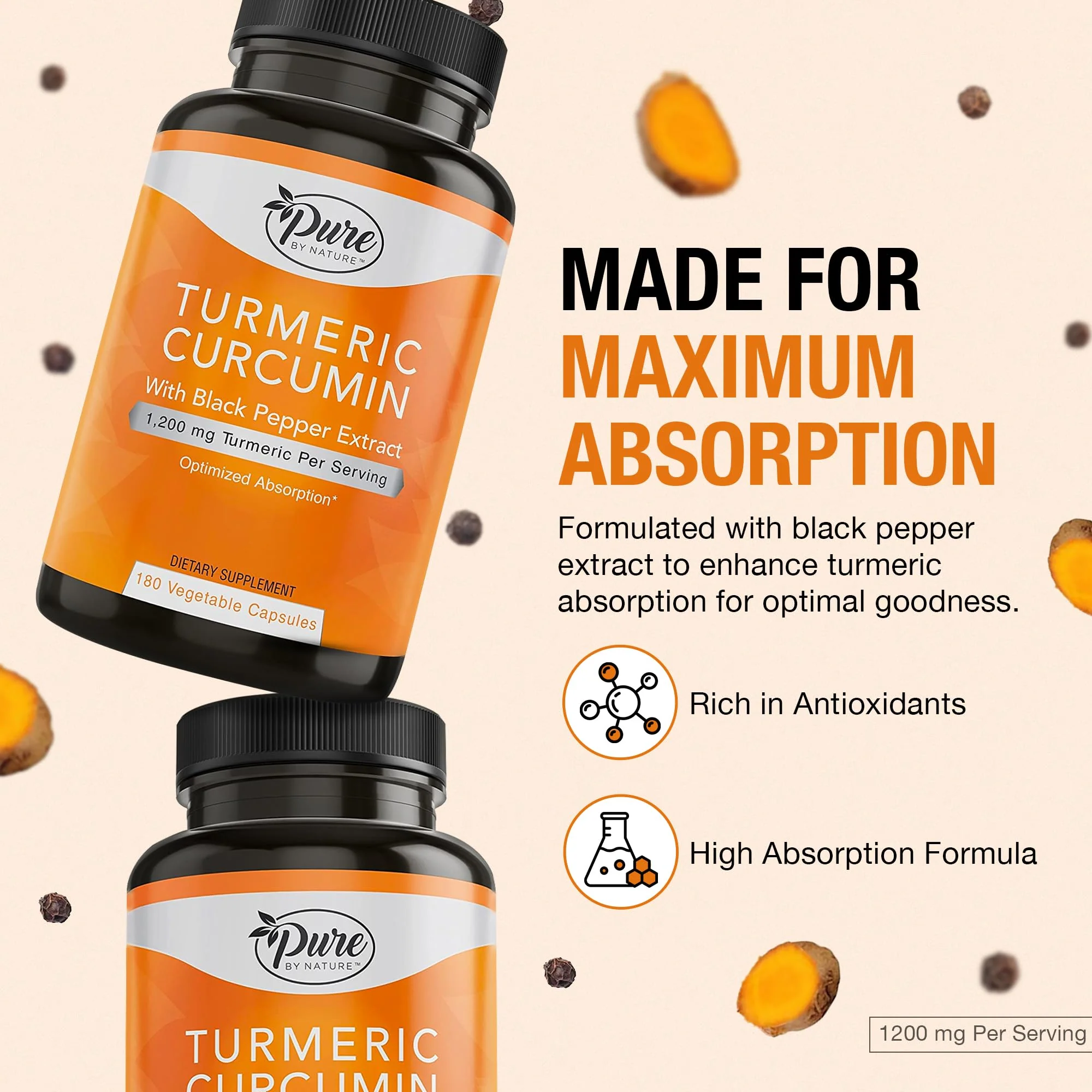 Pure By Nature Turmeric Curcumin with Black Pepper Extract 10 mg Capsules, 1200 mg per Serving, Organic, High Absorption Antioxidant Support (180 Count) - Image 5