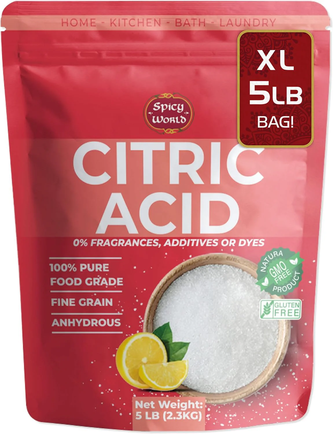 Pure Citric Acid 5 LB Bulk Bag - 100% Natural, Food Grade, Non-GMO - Citric Acid Powder for Cleaning, Bath Bombs, Preserving | Fine Granular | Premium Quality by Spicy World