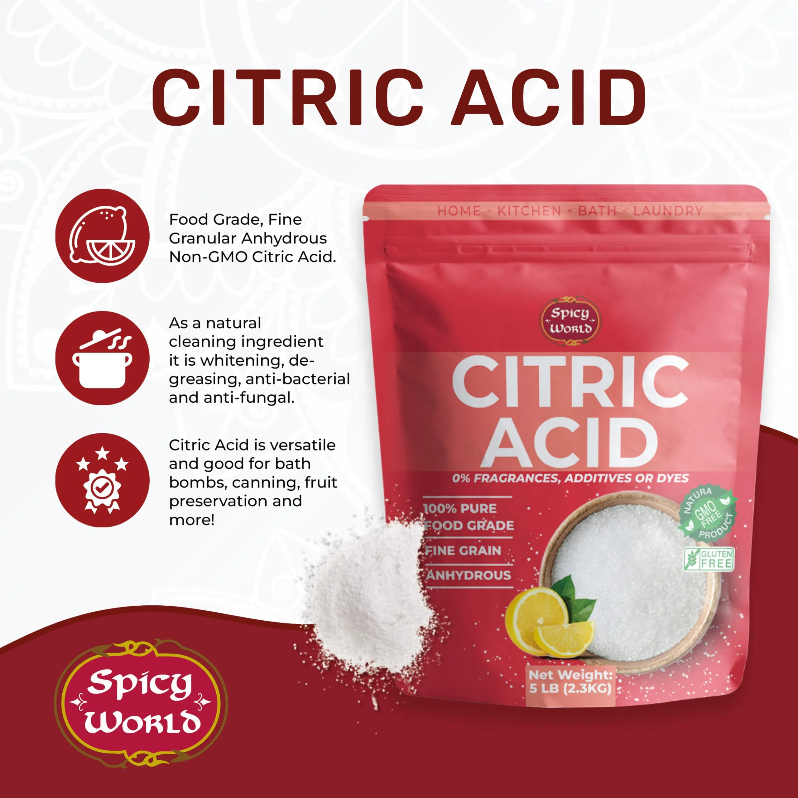 Pure Citric Acid 5 LB Bulk Bag - 100% Natural, Food Grade, Non-GMO - Citric Acid Powder for Cleaning, Bath Bombs, Preserving | Fine Granular | Premium Quality by Spicy World - Image 6