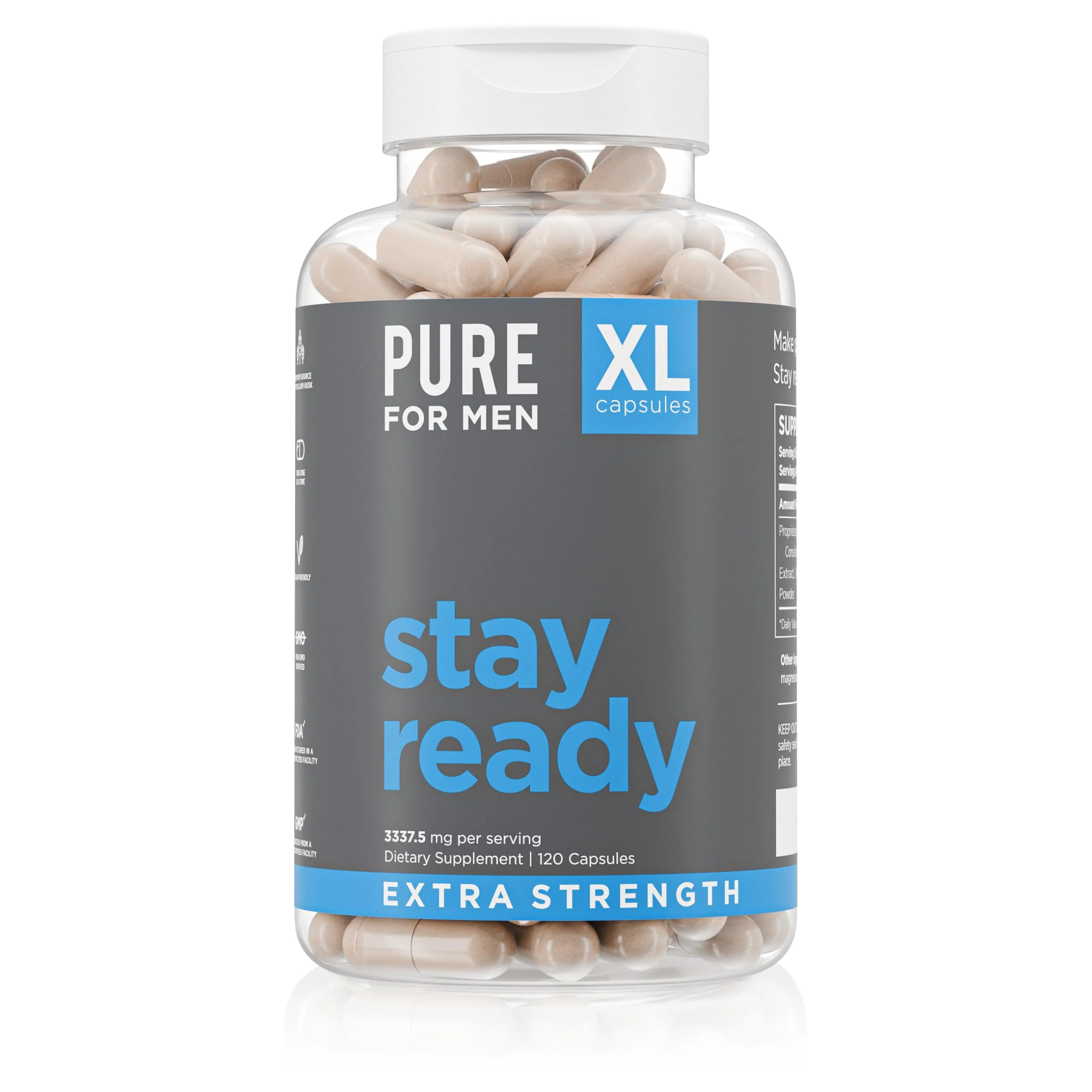 Pure for Men Stay Ready Fiber Extra Strength Supplement | Digestive Regularity | Bowel Movement & Gut Health Support | Vegan Cleanliness | Proprietary Formula | 120 Vegan XL Capsules
