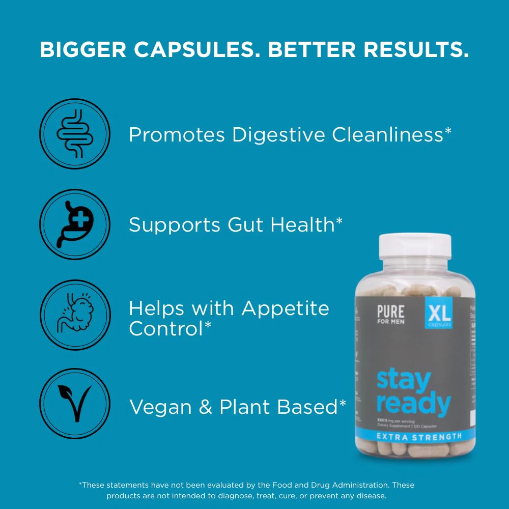 Pure for Men Stay Ready Fiber Extra Strength Supplement | Digestive Regularity | Bowel Movement & Gut Health Support | Vegan Cleanliness | Proprietary Formula | 120 Vegan XL Capsules - Image 5