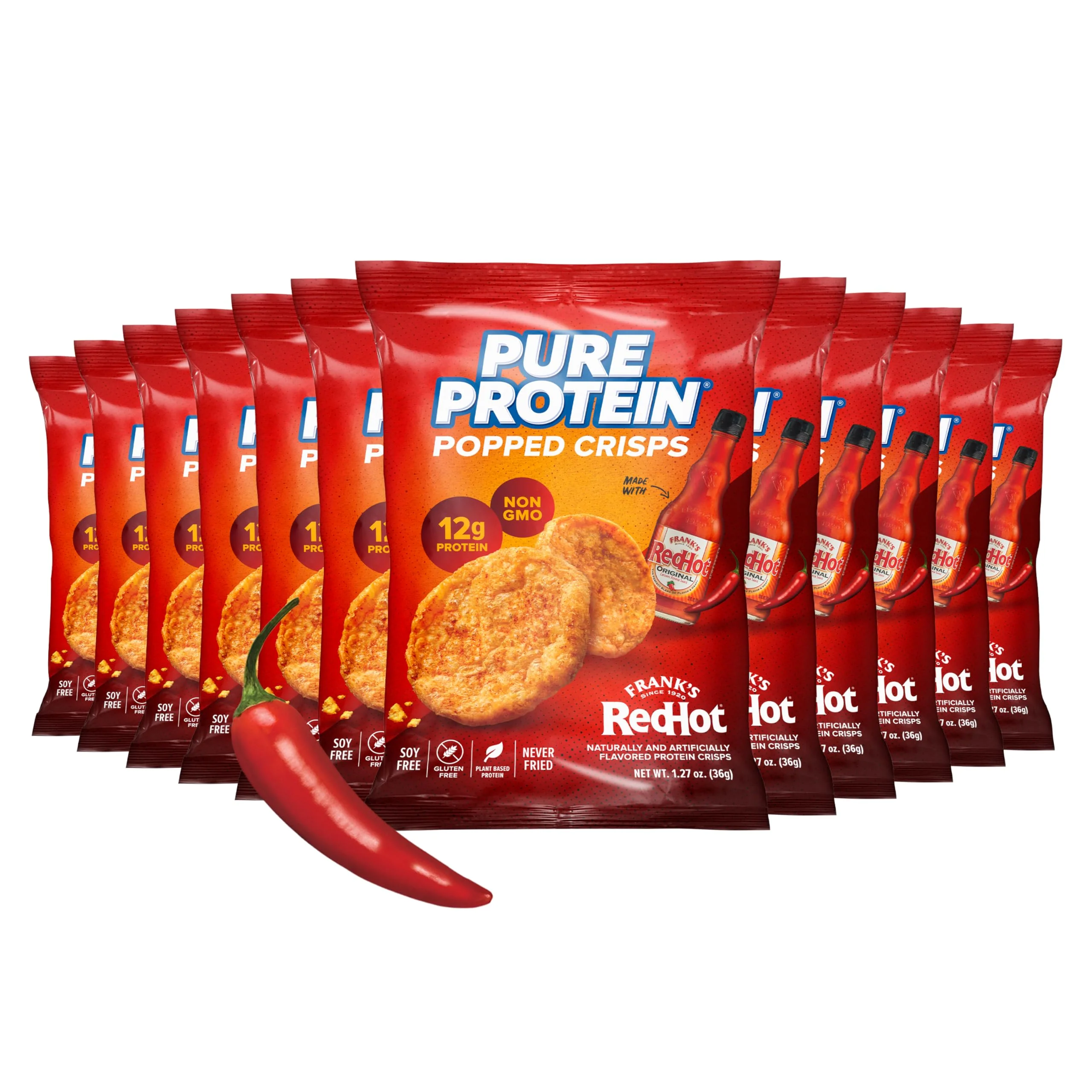 Pure Protein Frank’s Red Hot™ Popped Crisps – Spicy Protein Snack – 12g Plant Based Protein, Gluten Free, Non GMO, Vegan, Air Popped & Puffed Crisps – Healthy Protein Snacks – 12 Pack - Image 2