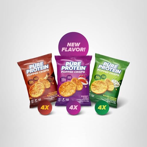 Pure Protein Popped Crisps - Variety Pack: Hickory Barbecue, Sour Cream & Onion, Sweet Chili - 12g Plant Based Protein, Gluten Free, Non GMO, Vegan, Air Popped & Puffed Crisps – Healthy Protein Snacks – 12 Pack - Image 2