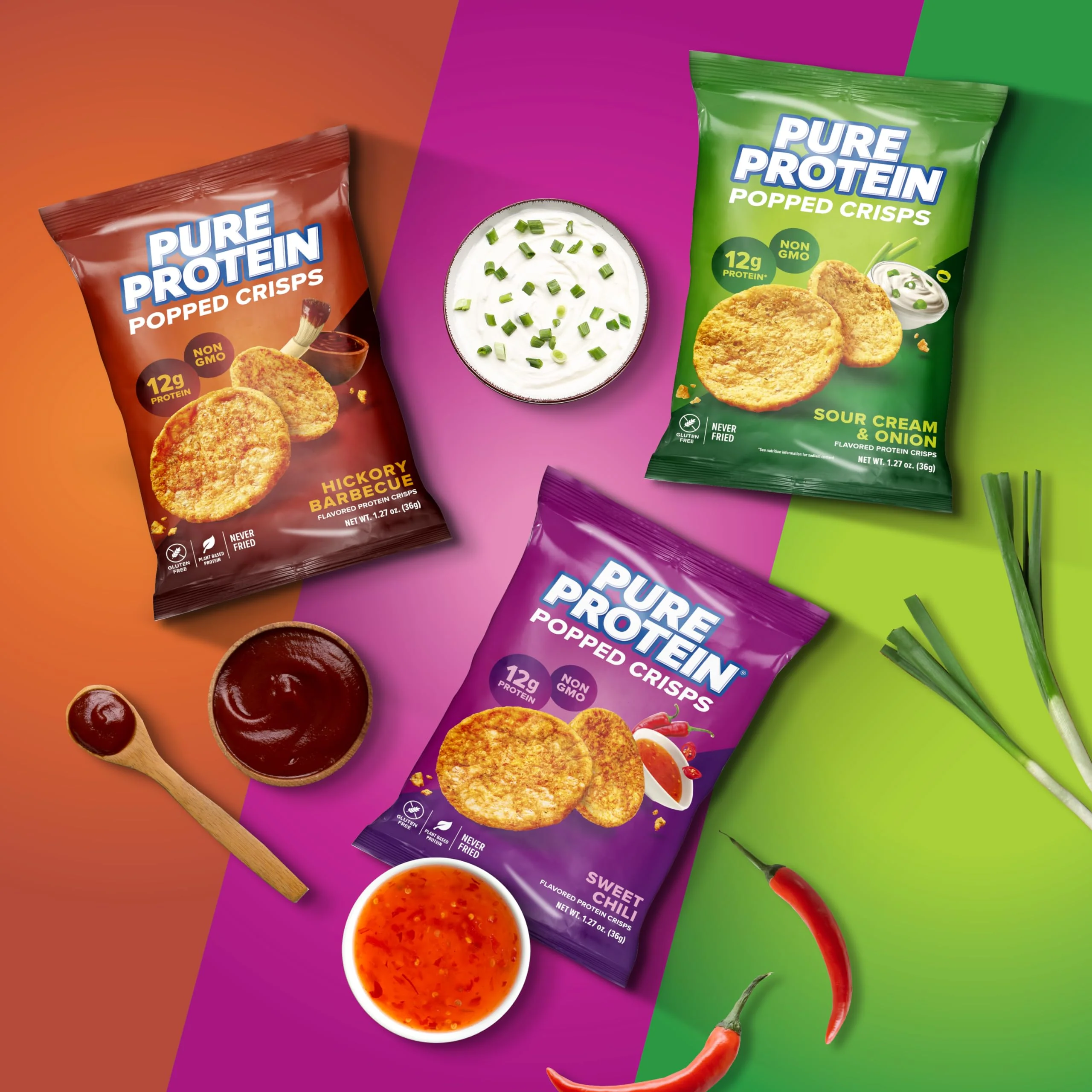 Pure Protein Popped Crisps - Variety Pack: Hickory Barbecue, Sour Cream & Onion, Sweet Chili - 12g Plant Based Protein, Gluten Free, Non GMO, Vegan, Air Popped & Puffed Crisps – Healthy Protein Snacks – 12 Pack - Image 3