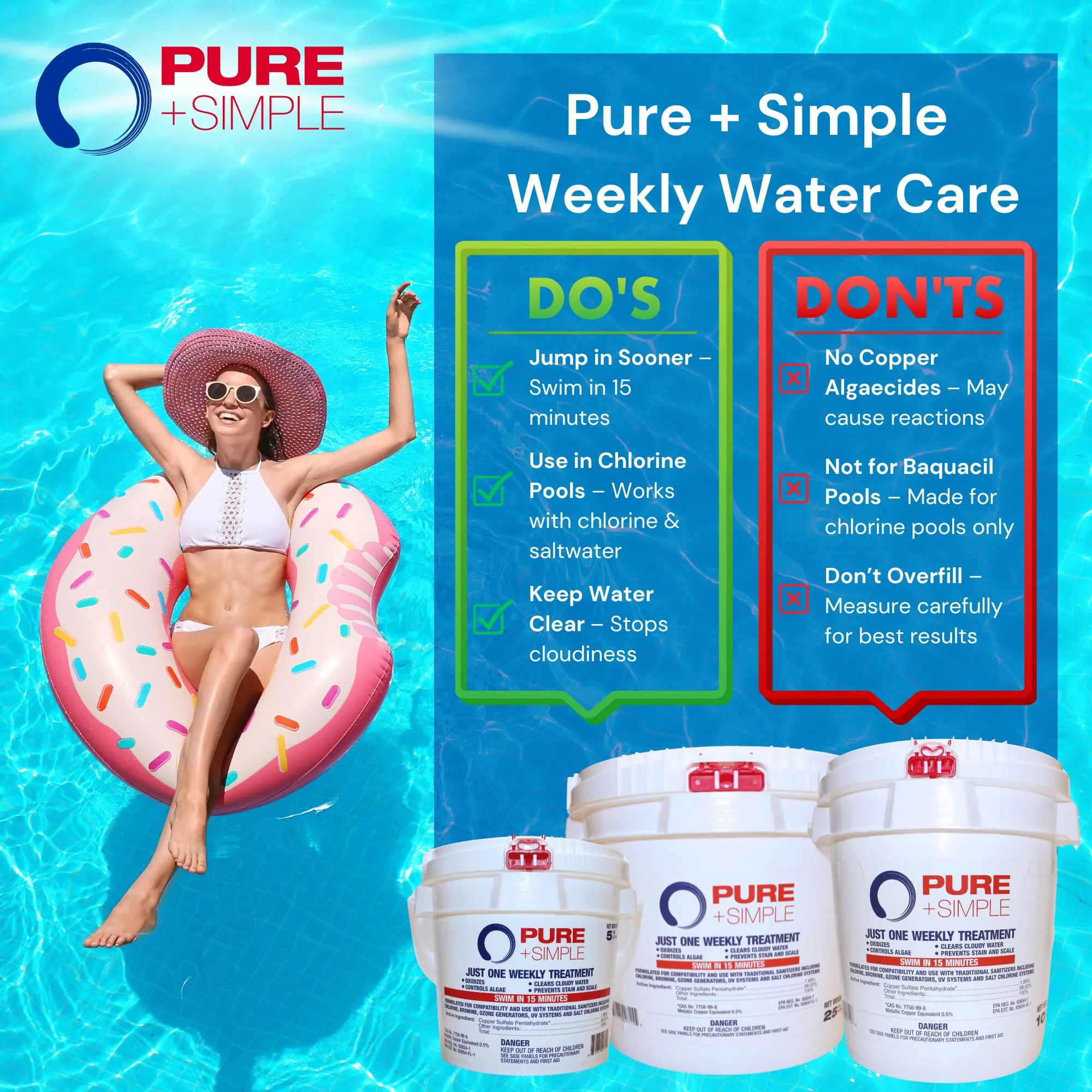 Pure + Simple | All-in-One Weekly Pool Treatment | Controls Algae & Clarifier for Swimming Pools with Copper-Based Formula | Ideal for Above Ground and Inground Use - 25 lbs - Image 4