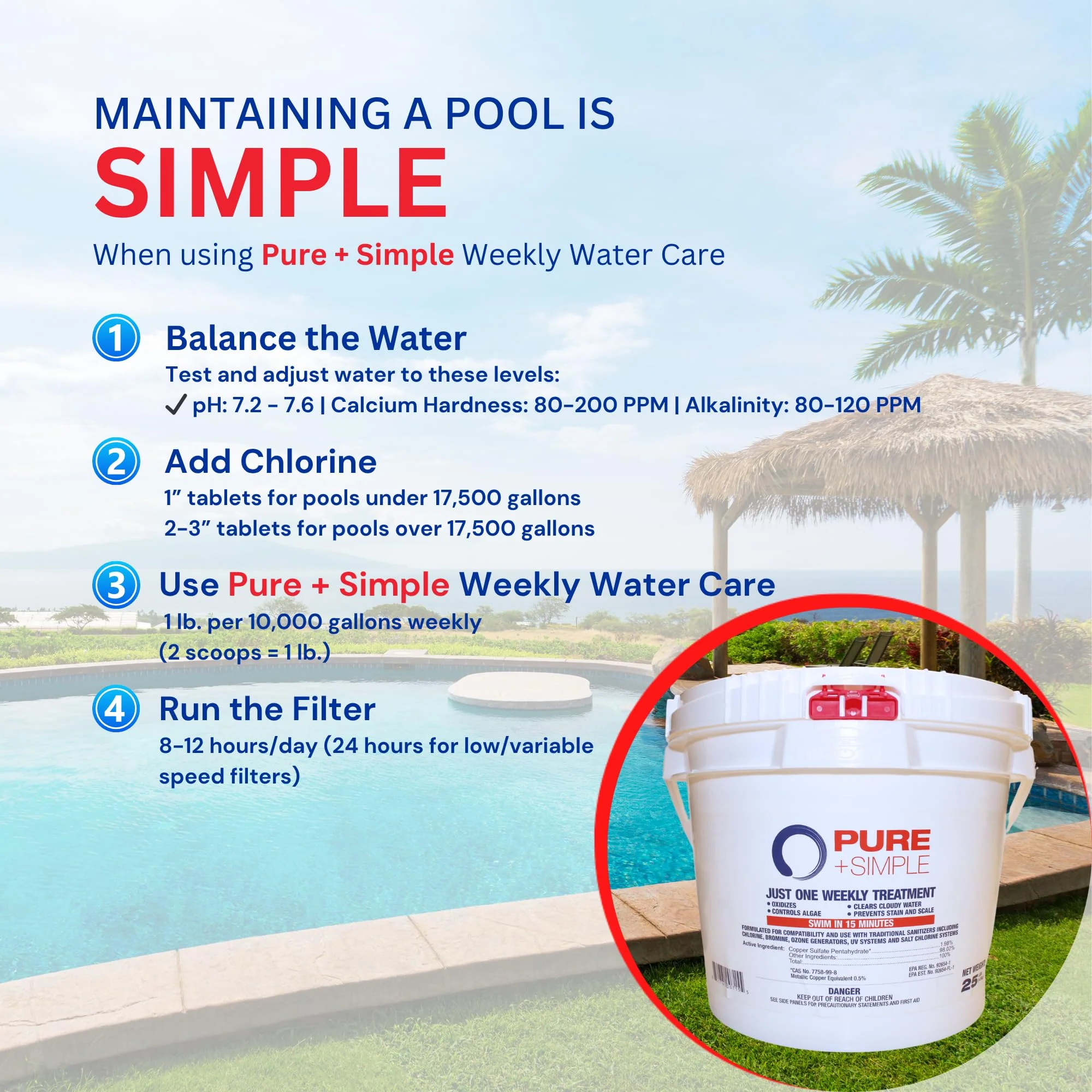 Pure + Simple | All-in-One Weekly Pool Treatment | Controls Algae & Clarifier for Swimming Pools with Copper-Based Formula | Ideal for Above Ground and Inground Use - 25 lbs - Image 5