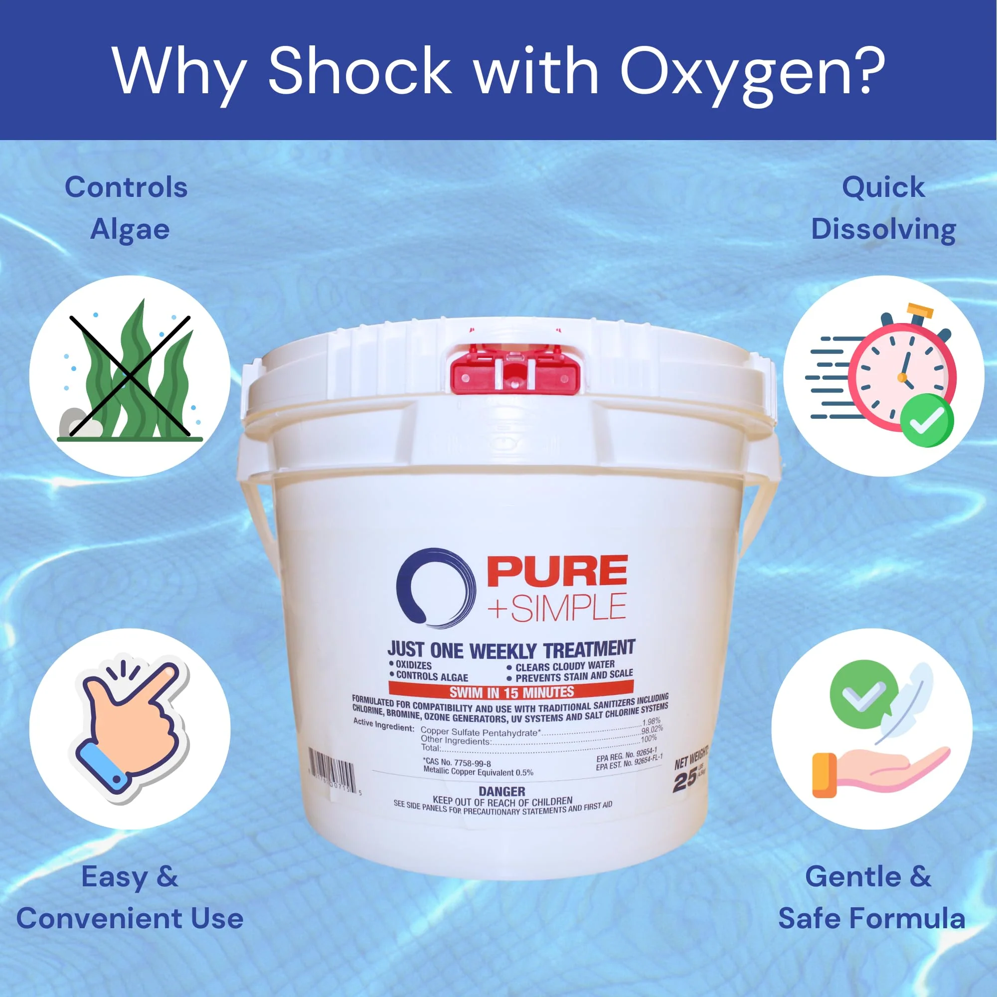 Pure + Simple | All-in-One Weekly Pool Treatment | Controls Algae & Clarifier for Swimming Pools with Copper-Based Formula | Ideal for Above Ground and Inground Use - 25 lbs - Image 7