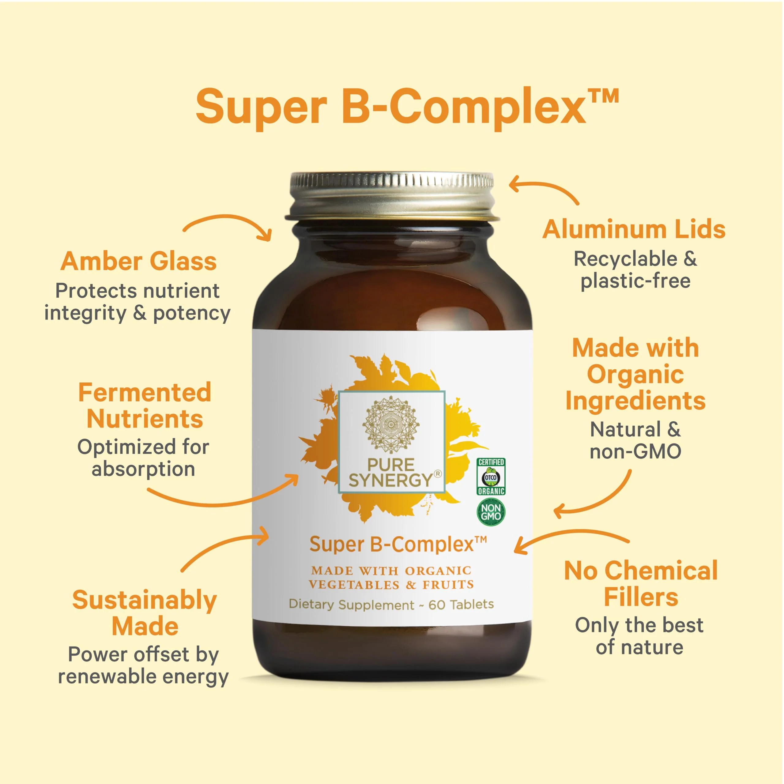 PURE SYNERGY Super B-Complex | Vitamin B Complex Made with Organic Whole Foods | Vegan Supplement with Natural Vitamin B12, Niacin, and Folate | for Energy, Focus and Mood Support (60 Tablets) - Image 5