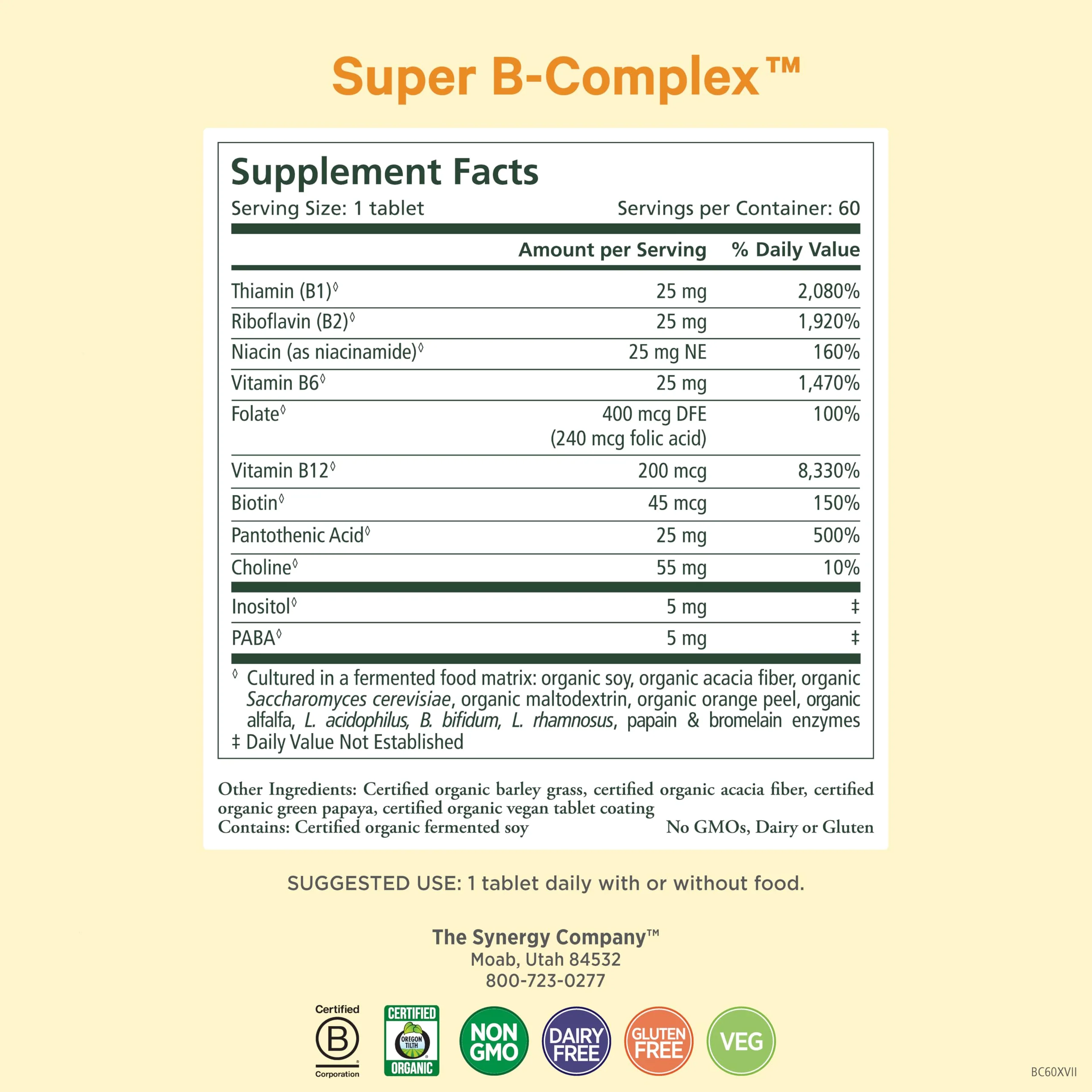 PURE SYNERGY Super B-Complex | Vitamin B Complex Made with Organic Whole Foods | Vegan Supplement with Natural Vitamin B12, Niacin, and Folate | for Energy, Focus and Mood Support (60 Tablets) - Image 6