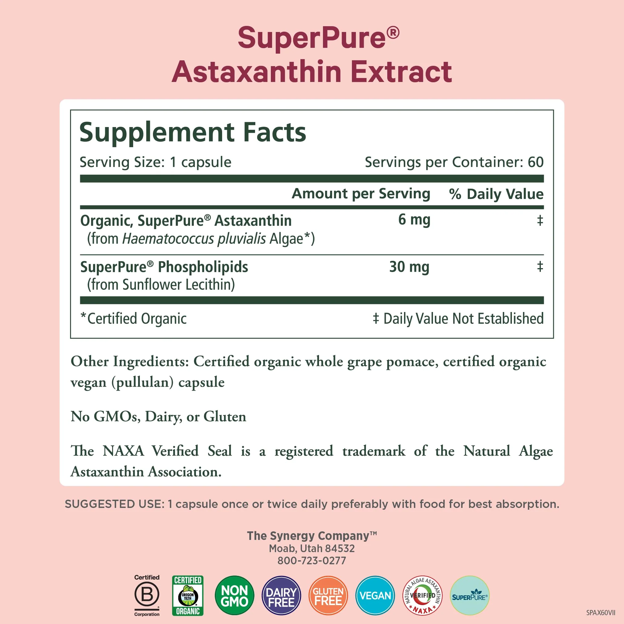 PURE SYNERGY SuperPure Astaxanthin Extract | Organic Astaxanthin from Algae with Sunflower Lecithin | Antioxidant Support for Skin and Eye Health (60 Capsules) - Image 8