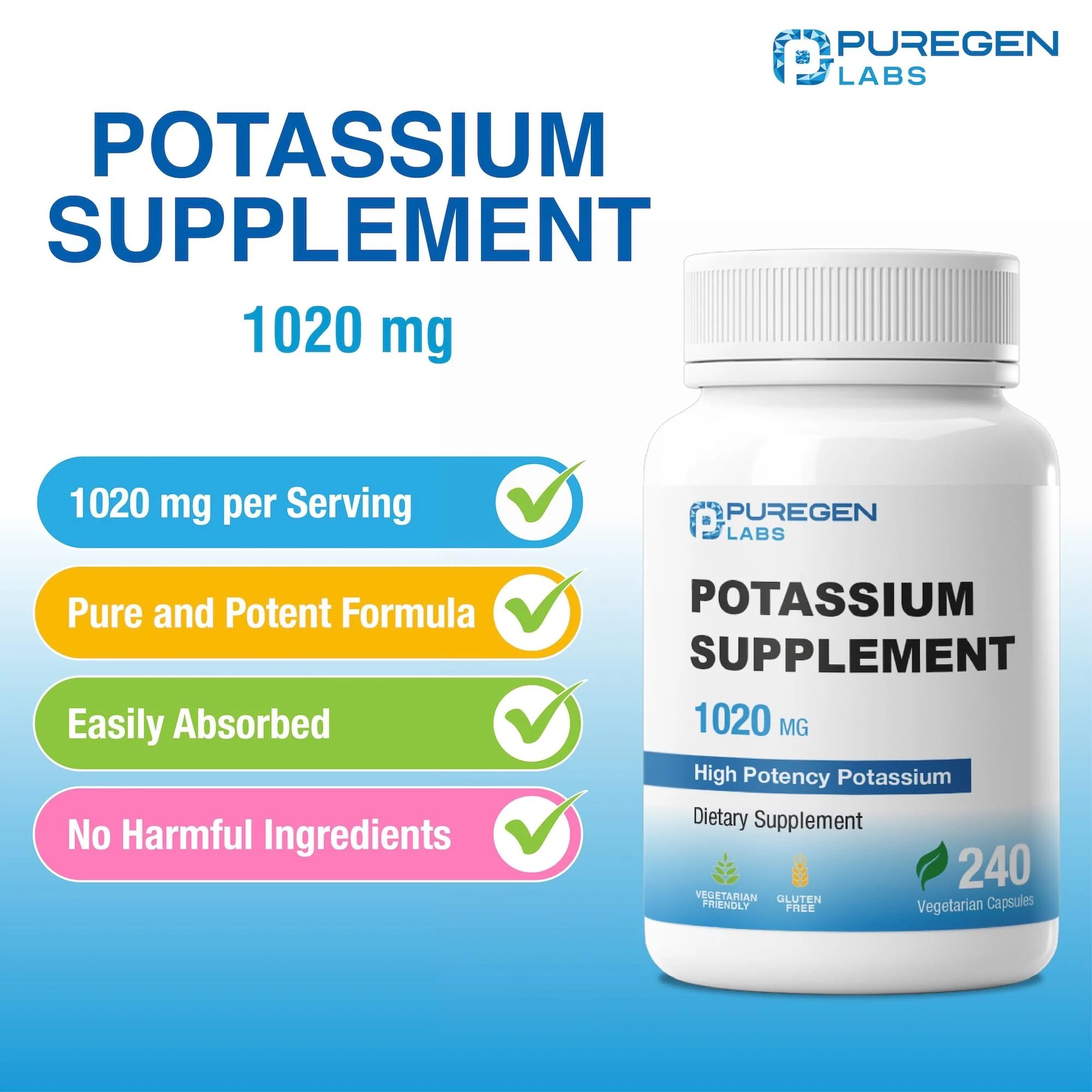 Puregen Labs Potassium Bicarbonate Supplement 1020 mg | Non-GMO | Gluten Free | 240 Vegetarian Capsules - Image 5