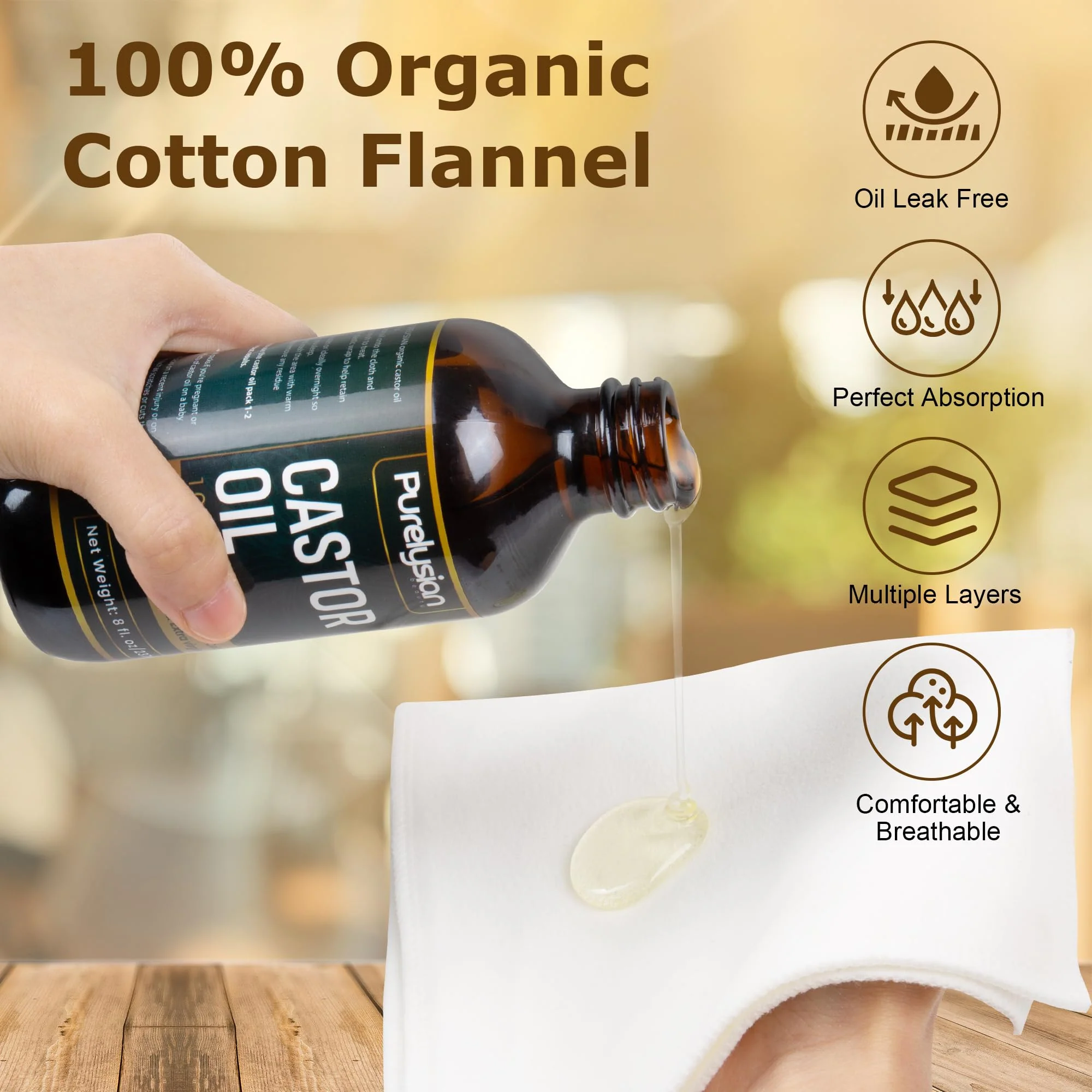Purelysian Beauty Castor Oil Pack Wrap Organic Cotton, 7 Pcs Caster Oil Pack Kit for Stomach and Liver Detox Pack Kit (8fl.oz/237ml) - Image 4