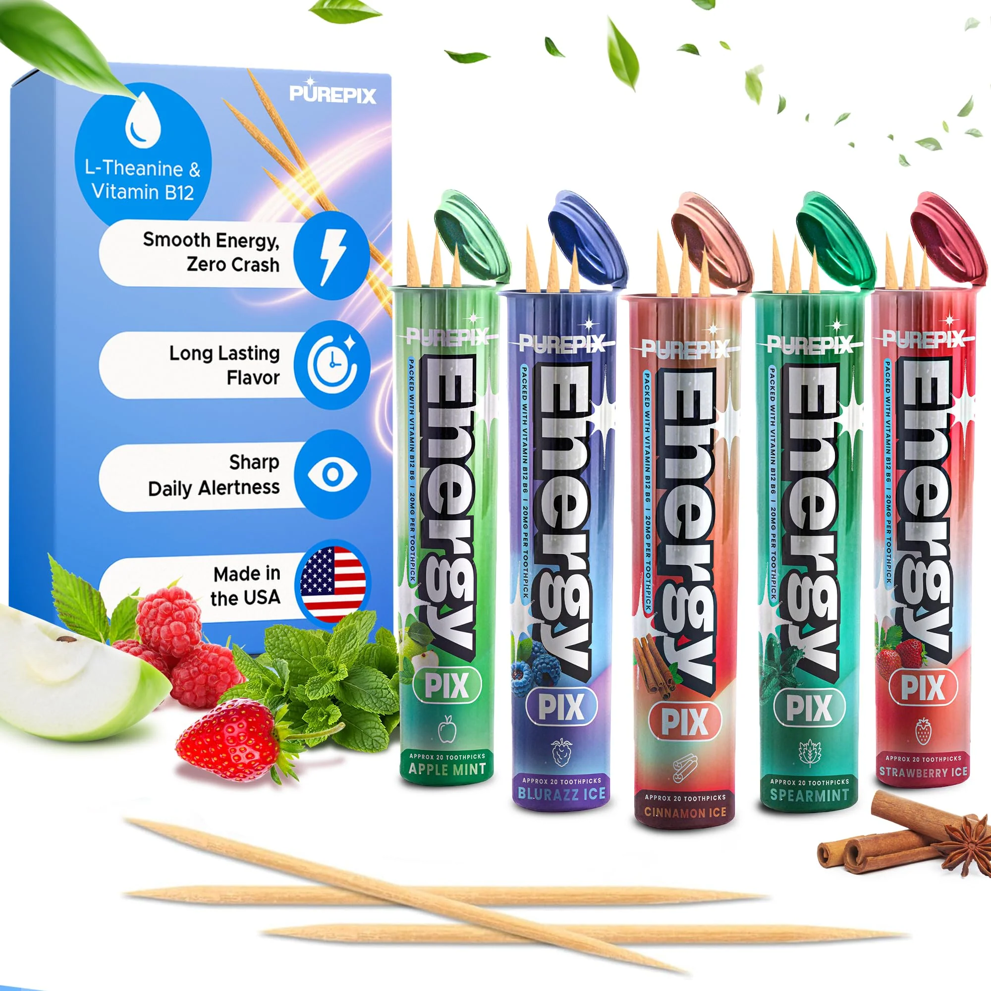 PurePix Energy Flavored Toothpicks with B12 & L-Theanine in 5 Bold Flavors (Apple Mint, Blurazz Ice, Cinnamon Ice, Spearmint, Strawberry Ice), 20mg Caffeine Birchwood Infused Toothpick, (5×20 Count)