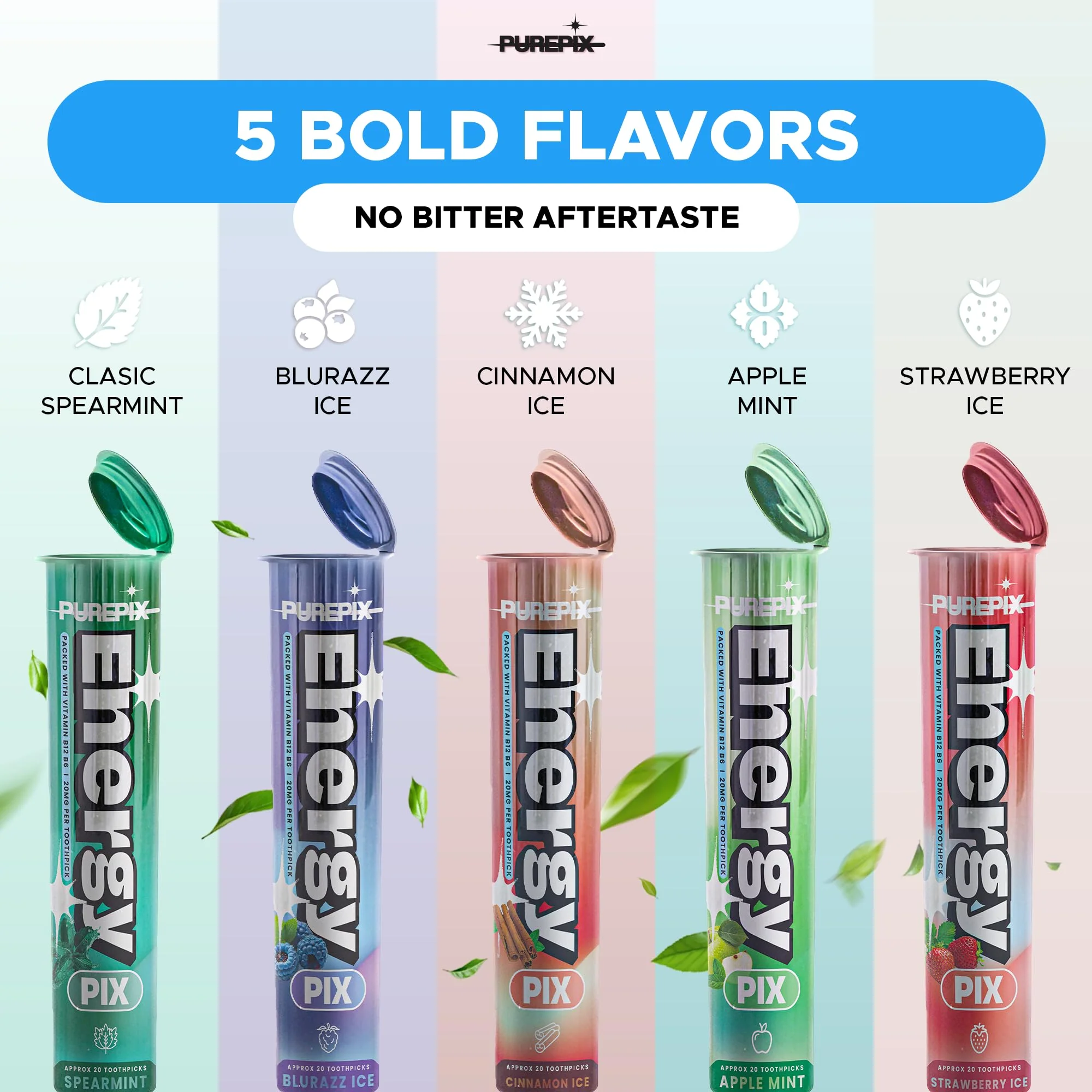 PurePix Energy Flavored Toothpicks with B12 & L-Theanine in 5 Bold Flavors (Apple Mint, Blurazz Ice, Cinnamon Ice, Spearmint, Strawberry Ice), 20mg Caffeine Birchwood Infused Toothpick, (5×20 Count) - Image 5