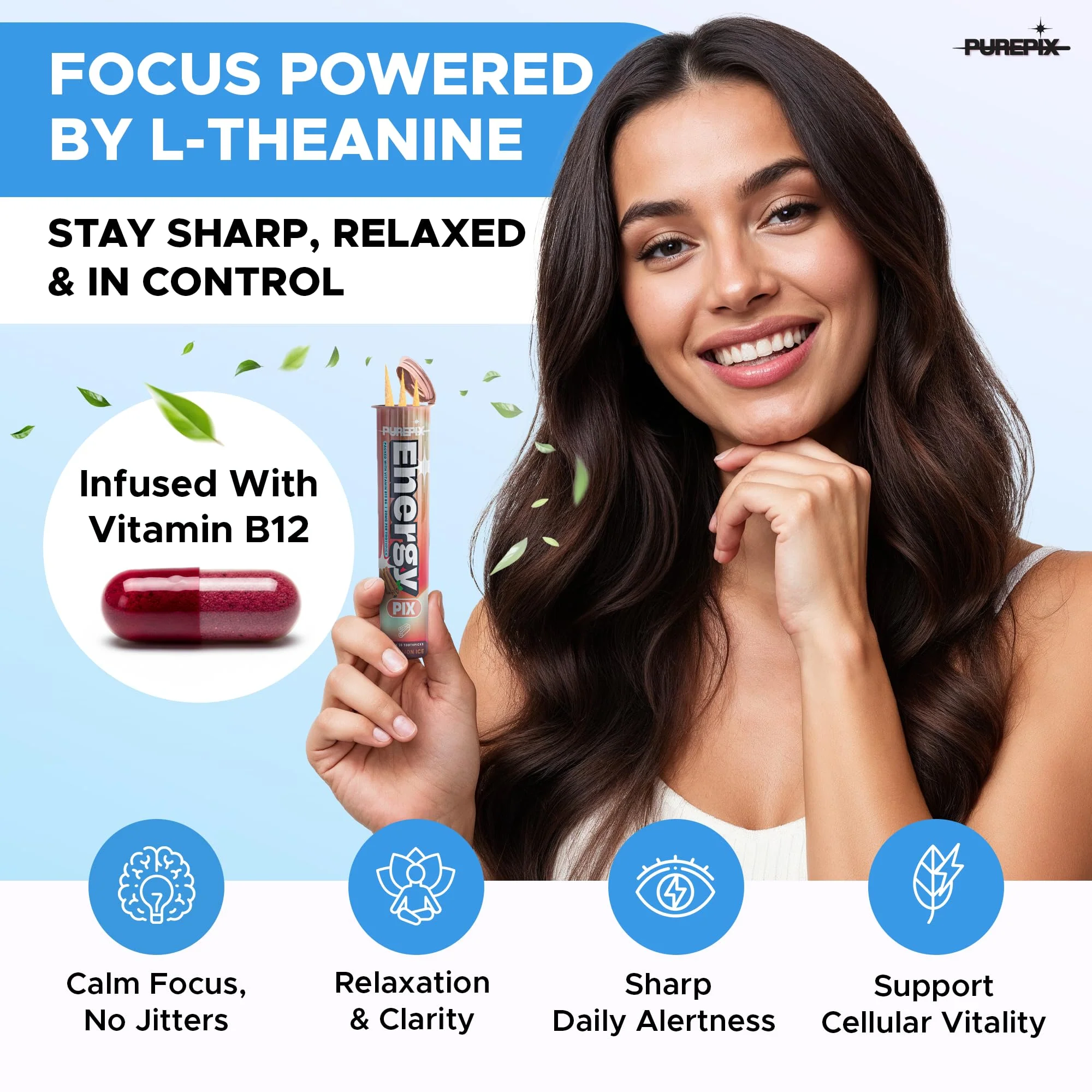 PurePix Energy Flavored Toothpicks with B12 & L-Theanine in 5 Bold Flavors (Apple Mint, Blurazz Ice, Cinnamon Ice, Spearmint, Strawberry Ice), 20mg Caffeine Birchwood Infused Toothpick, (5×20 Count) - Image 8