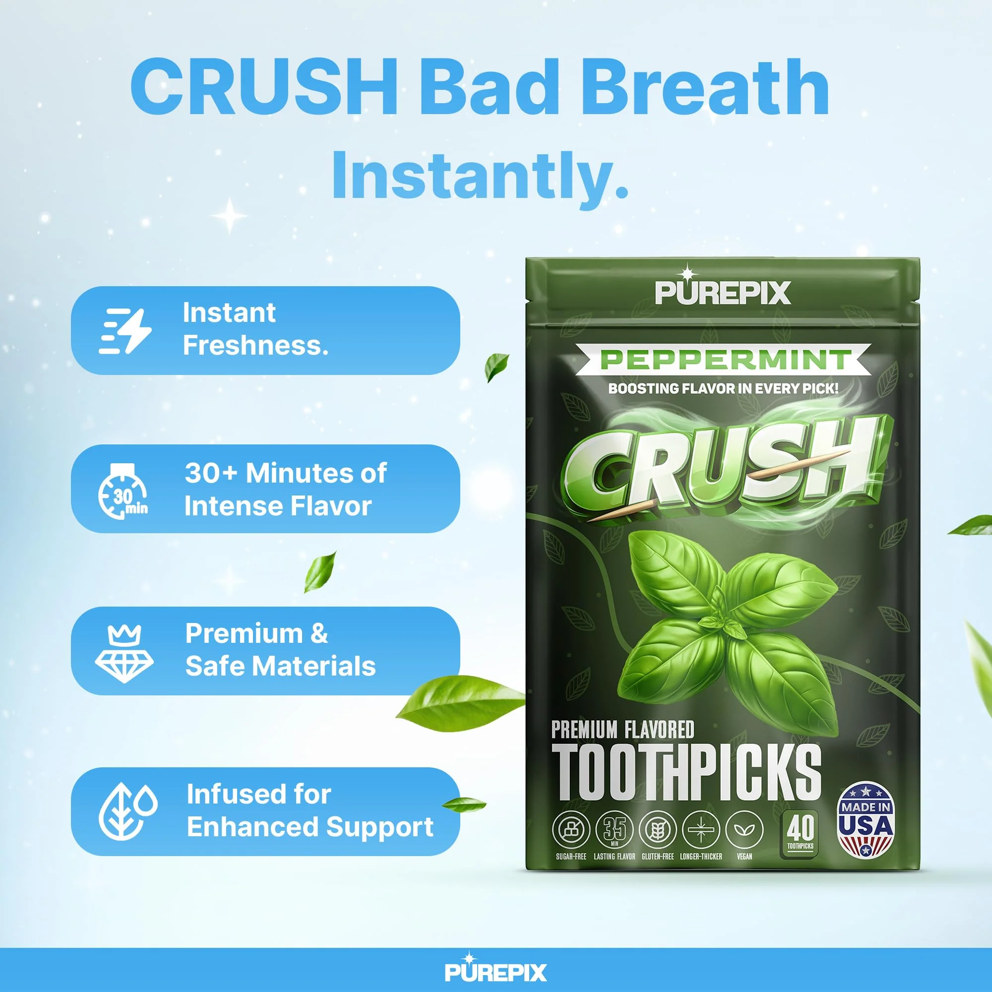 PurePix Flavored Toothpicks Variety Pack, Thick Durable Quit Smoking Support, Infused with Long-Lasting Flavor to Help Fight Cravings, 40 Count per Pouch, Vegan & Gluten-Free, Made in USA, (Pack of 5) - Image 6