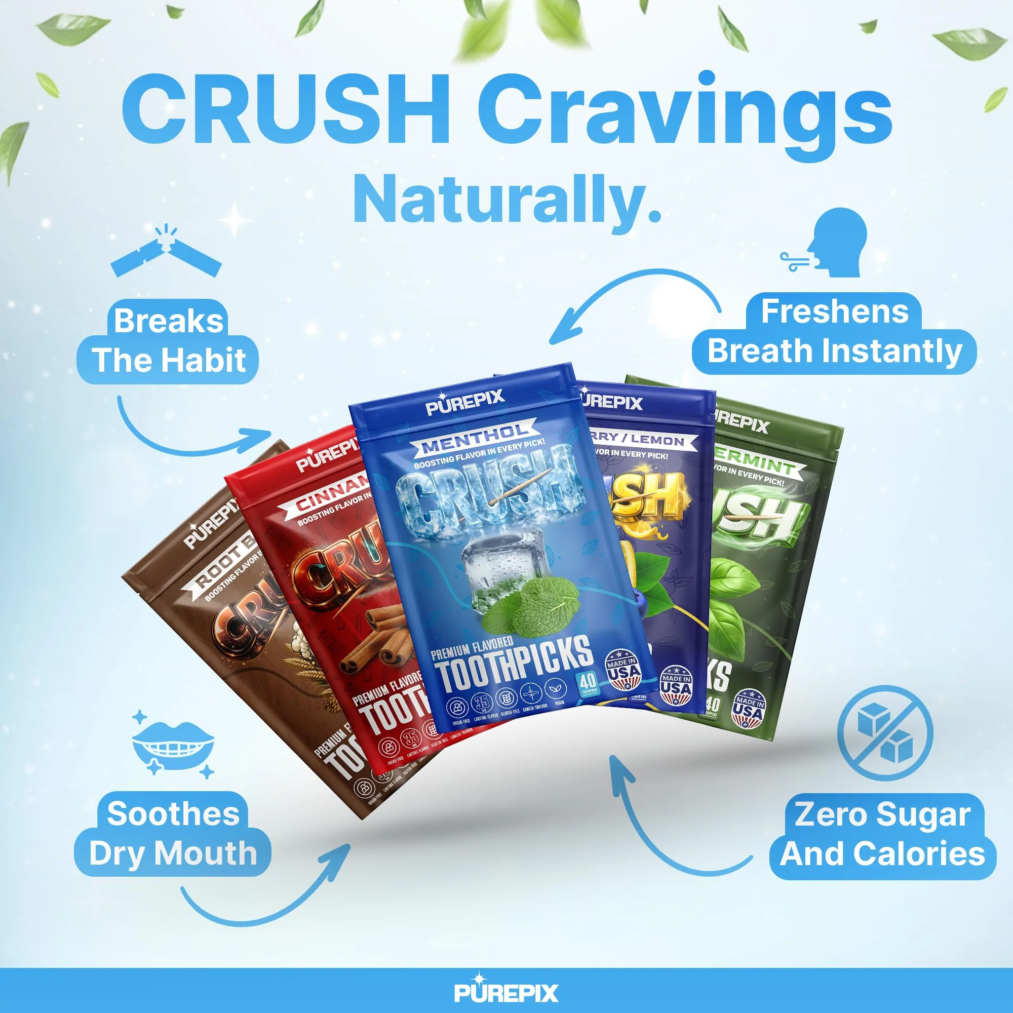 PurePix Flavored Toothpicks Variety Pack, Thick Durable Quit Smoking Support, Infused with Long-Lasting Flavor to Help Fight Cravings, 40 Count per Pouch, Vegan & Gluten-Free, Made in USA, (Pack of 5) - Image 8