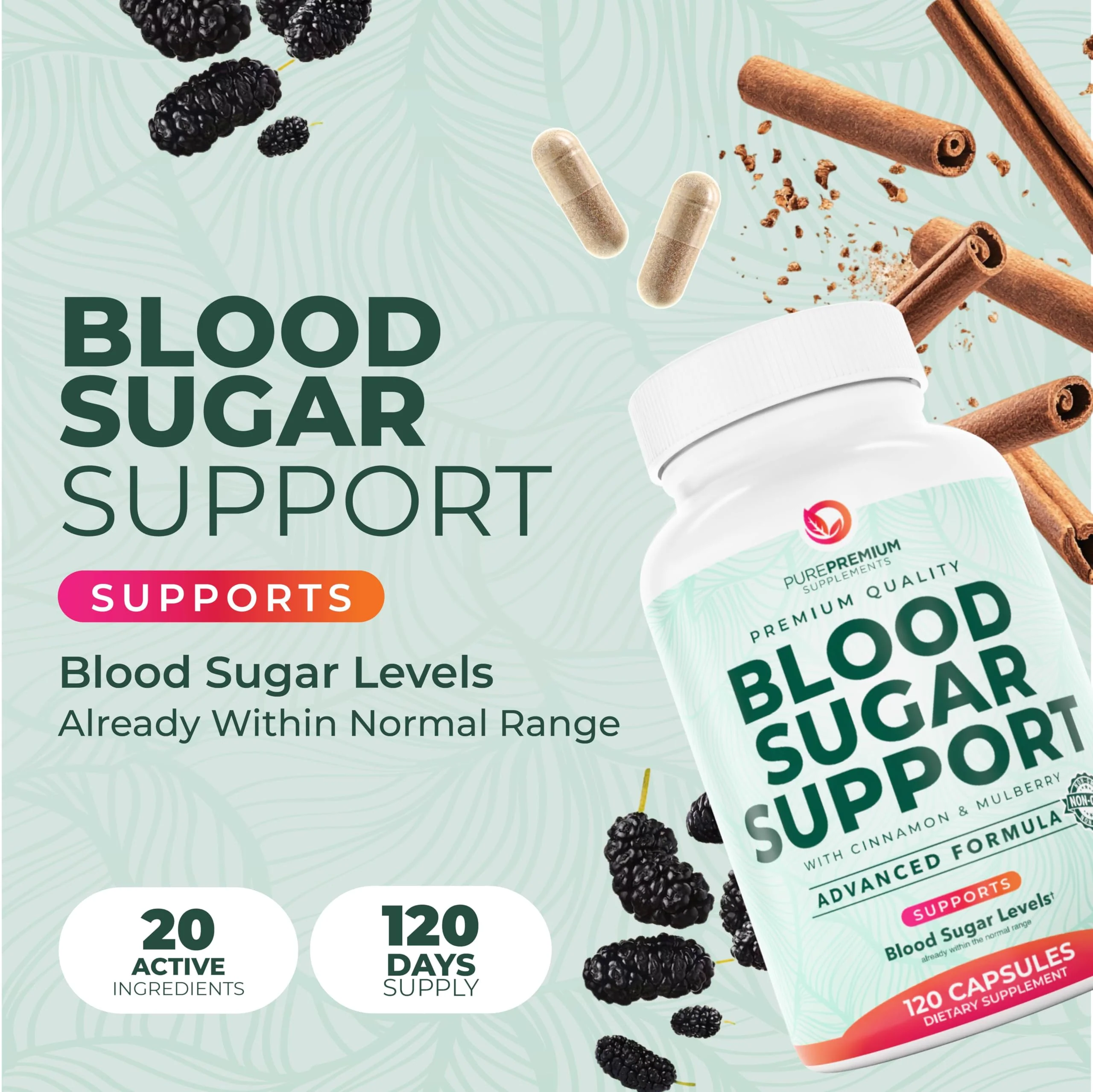 PurePremium Normal Blood Sugar Support Supplement - 20 Active Ingredients Complex to Support Blood Sugar Levels Already in The Normal Range - with Cinnamon, Bitter Melon, Chromium, Mulberry - 120ct - Image 8